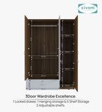 Sivom SIVOM Leo Multipurpose 3 Door Wardrobe / Spacious Shelves with Hanging Rail Engineered Wood 3 Door Wardrobe for Modern Homes | Elegant Design & Premium Finish
