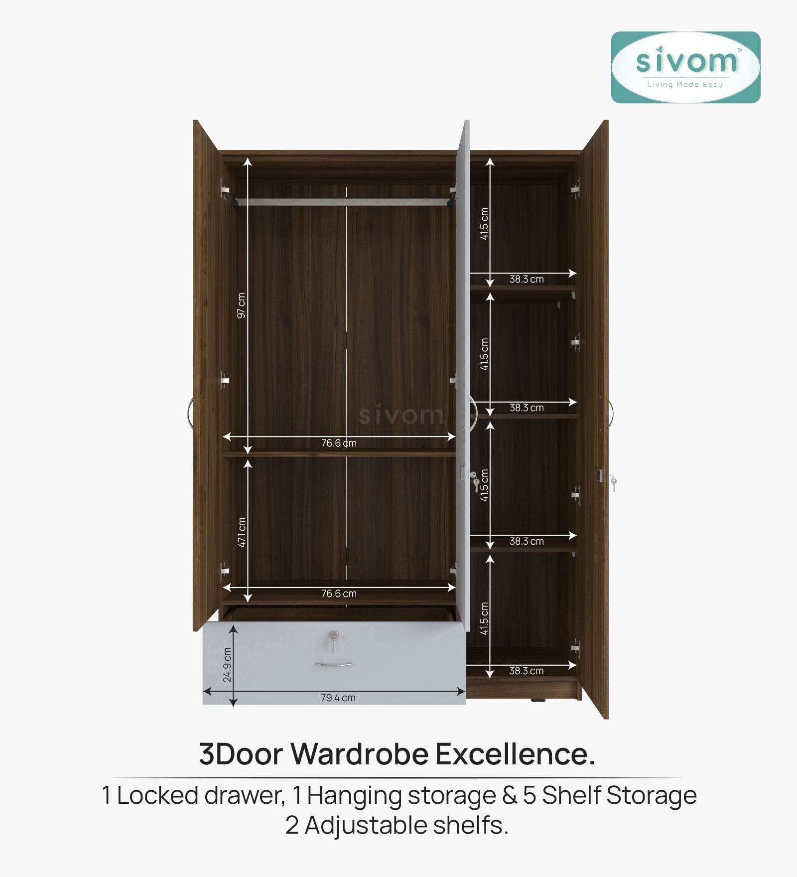 Sivom SIVOM Leo Multipurpose 3 Door Wardrobe / Spacious Shelves with Hanging Rail Engineered Wood 3 Door Wardrobe for Modern Homes | Elegant Design & Premium Finish