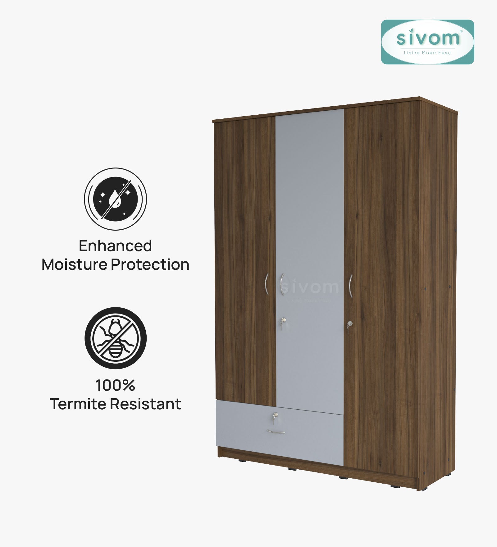 Sivom SIVOM Leo Multipurpose 3 Door Wardrobe / Spacious Shelves with Hanging Rail Engineered Wood 3 Door Wardrobe for Modern Homes | Elegant Design & Premium Finish