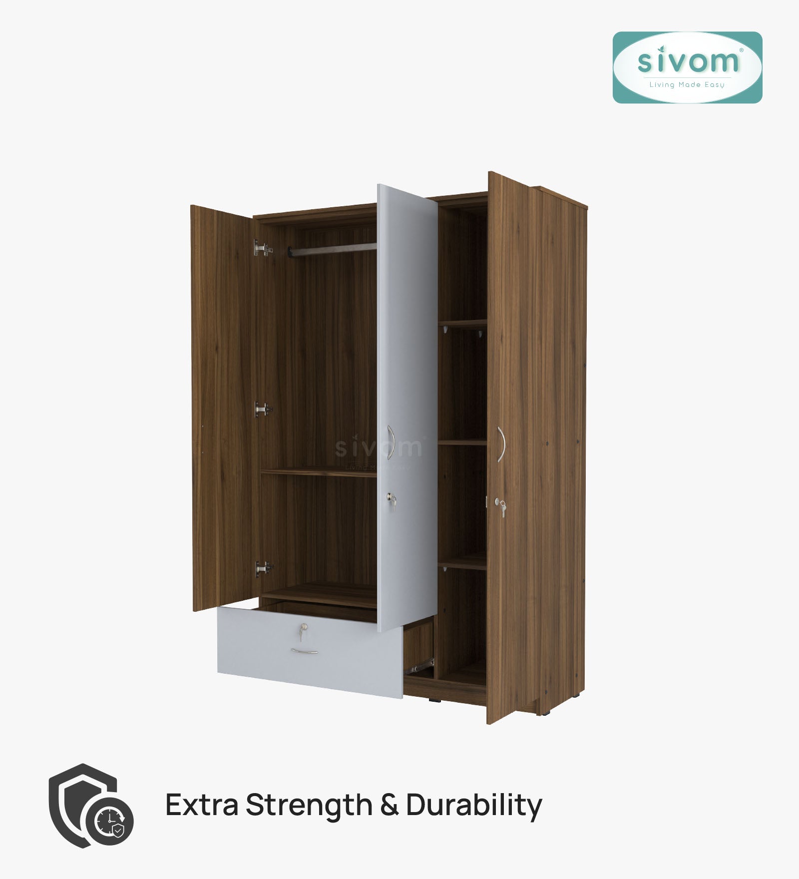 Sivom SIVOM Leo Multipurpose 3 Door Wardrobe / Spacious Shelves with Hanging Rail Engineered Wood 3 Door Wardrobe for Modern Homes | Elegant Design & Premium Finish
