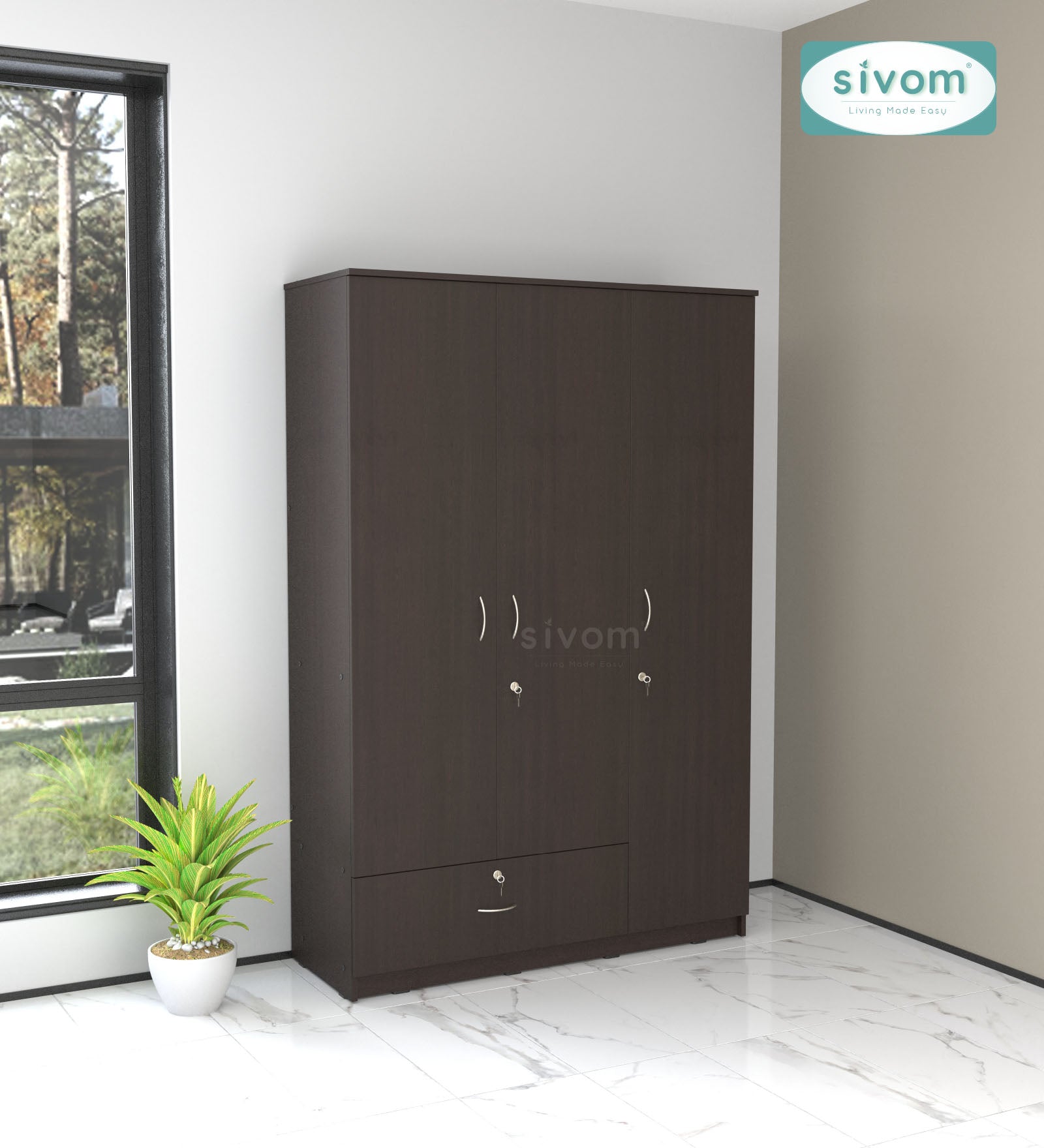 Sivom SIVOM Leo Multipurpose 3 Door Wardrobe / Spacious Shelves with Hanging Rail Engineered Wood 3 Door Wardrobe for Modern Homes | Elegant Design & Premium Finish