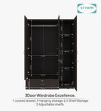 Sivom SIVOM Leo Multipurpose 3 Door Wardrobe / Spacious Shelves with Hanging Rail Engineered Wood 3 Door Wardrobe for Modern Homes | Elegant Design & Premium Finish