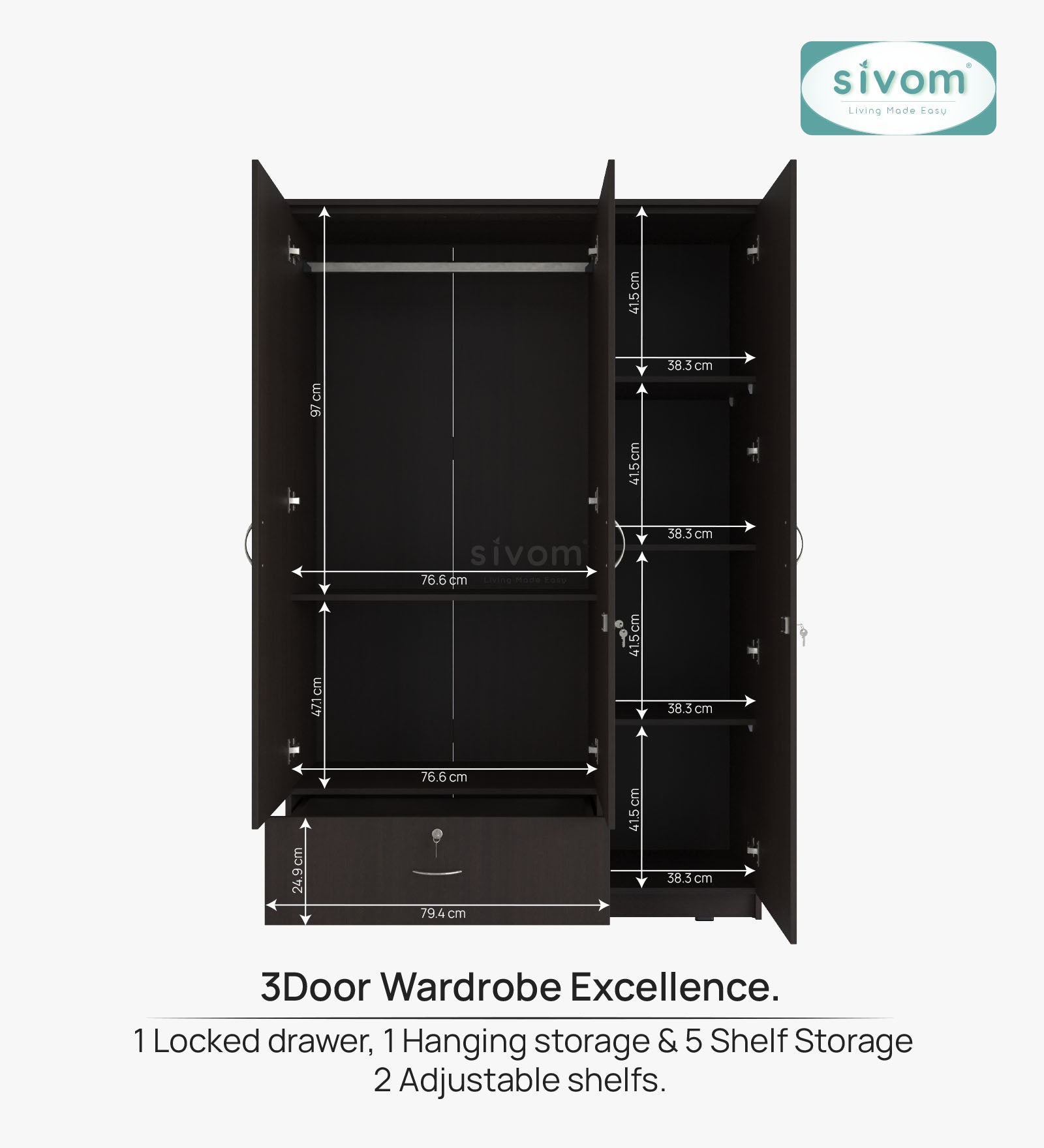 Sivom SIVOM Leo Multipurpose 3 Door Wardrobe / Spacious Shelves with Hanging Rail Engineered Wood 3 Door Wardrobe for Modern Homes | Elegant Design & Premium Finish