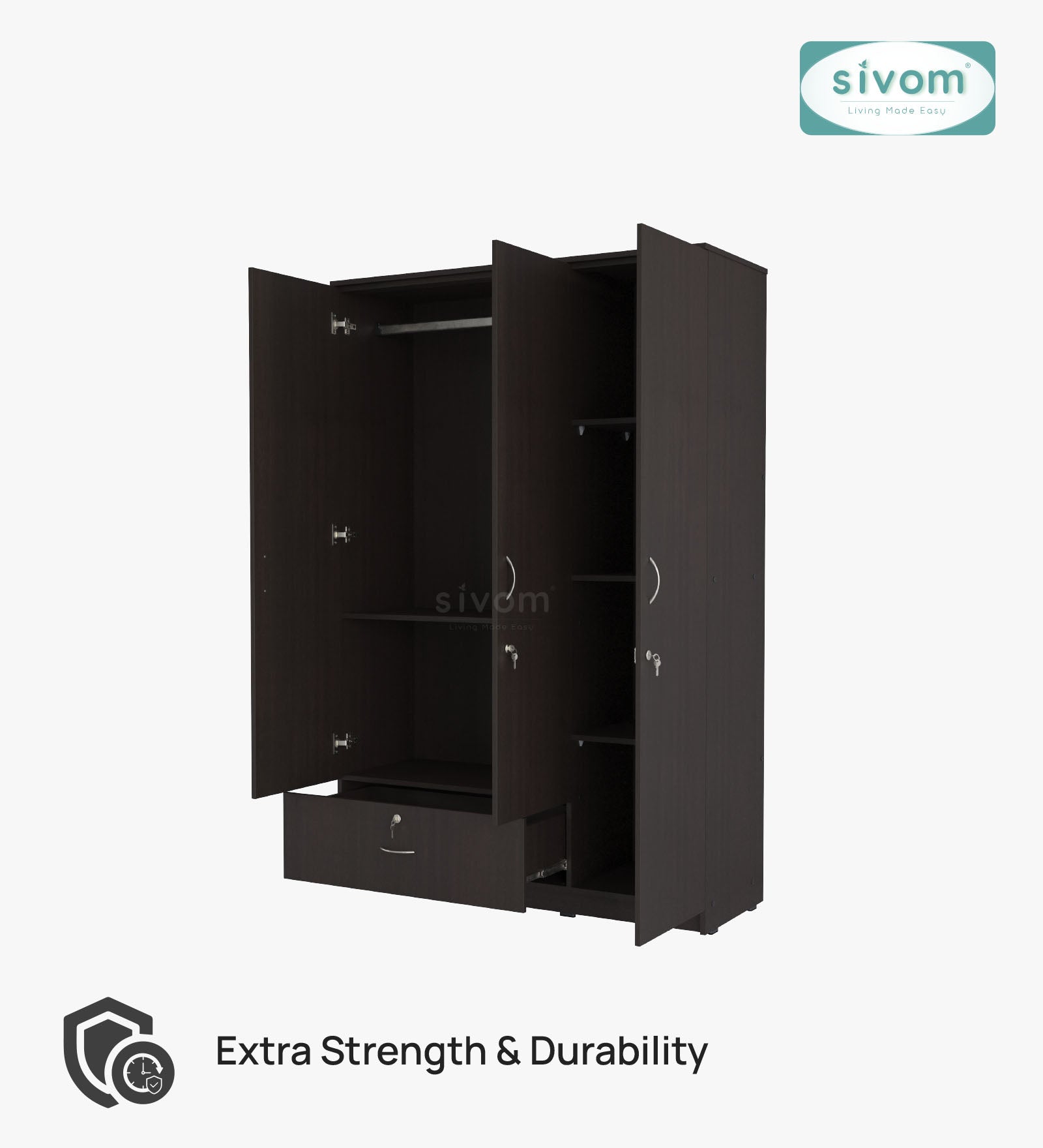 Sivom SIVOM Leo Multipurpose 3 Door Wardrobe / Spacious Shelves with Hanging Rail Engineered Wood 3 Door Wardrobe for Modern Homes | Elegant Design & Premium Finish