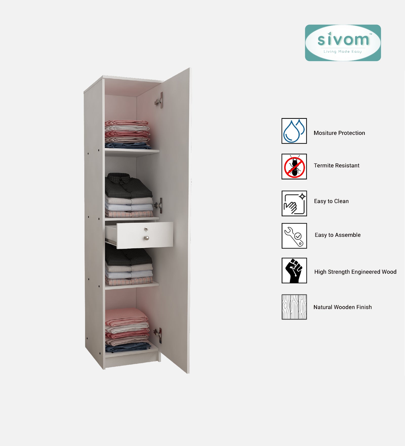 Sivom SIVOM Little Digital Printed Multipurpose 1 Door Wardrobe / Spacious 4 Shelves with Drawer Engineered Wood 1 Door Wardrobe for Modern Homes | Elegant Design & Premium Finish