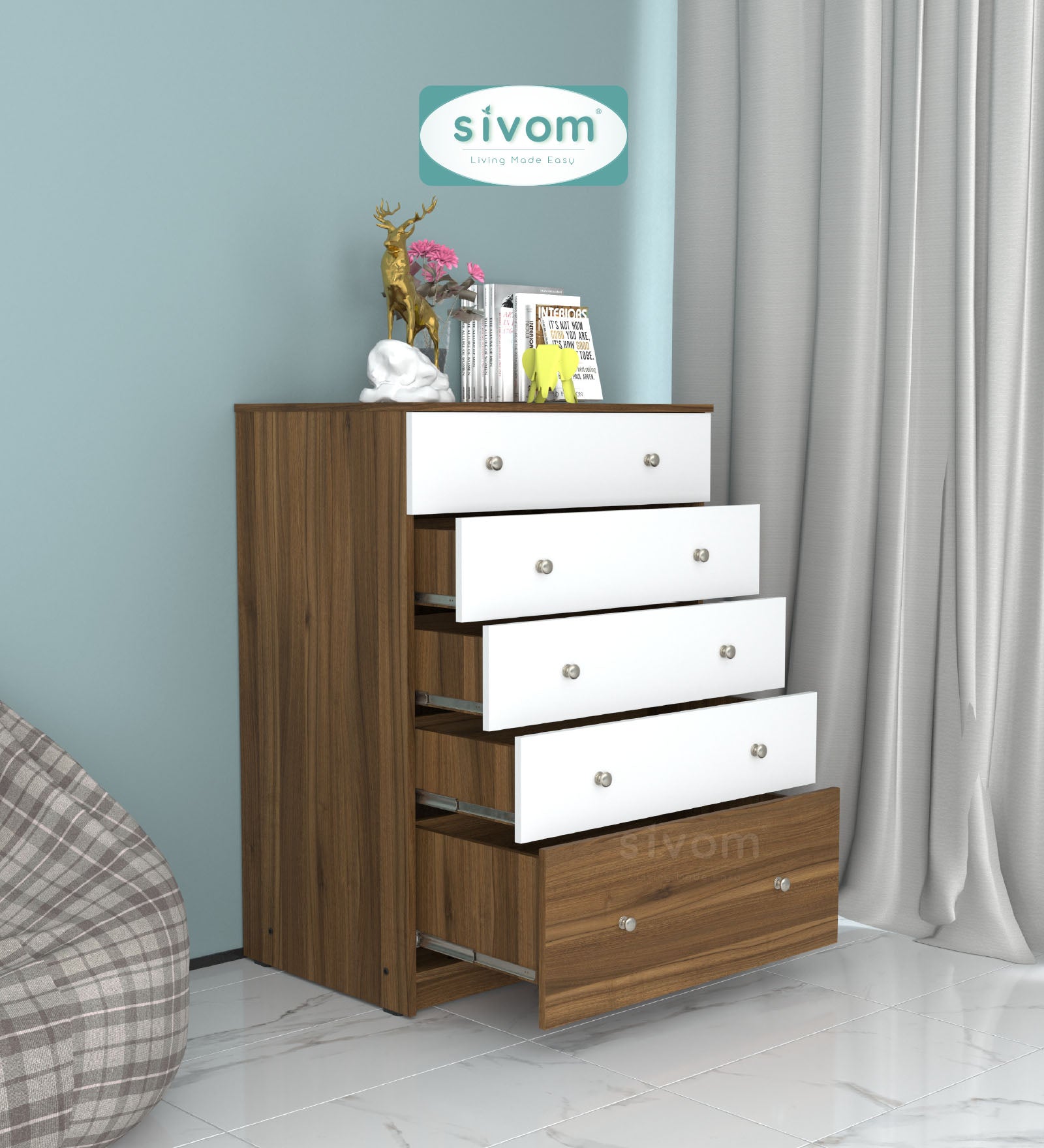 Sivom SIVOM Magic Multipurpose Storage Unit/Chest of 5 Drawers Engineered Wood Free Standing Cabinet for Modern Homes | Elegant Design & Premium Finish