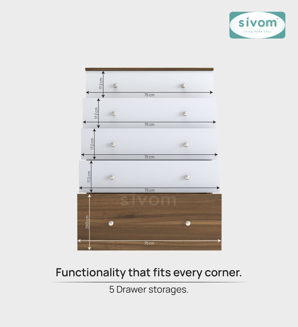 Sivom SIVOM Magic Multipurpose Storage Unit/Chest of 5 Drawers Engineered Wood Free Standing Cabinet for Modern Homes | Elegant Design & Premium Finish