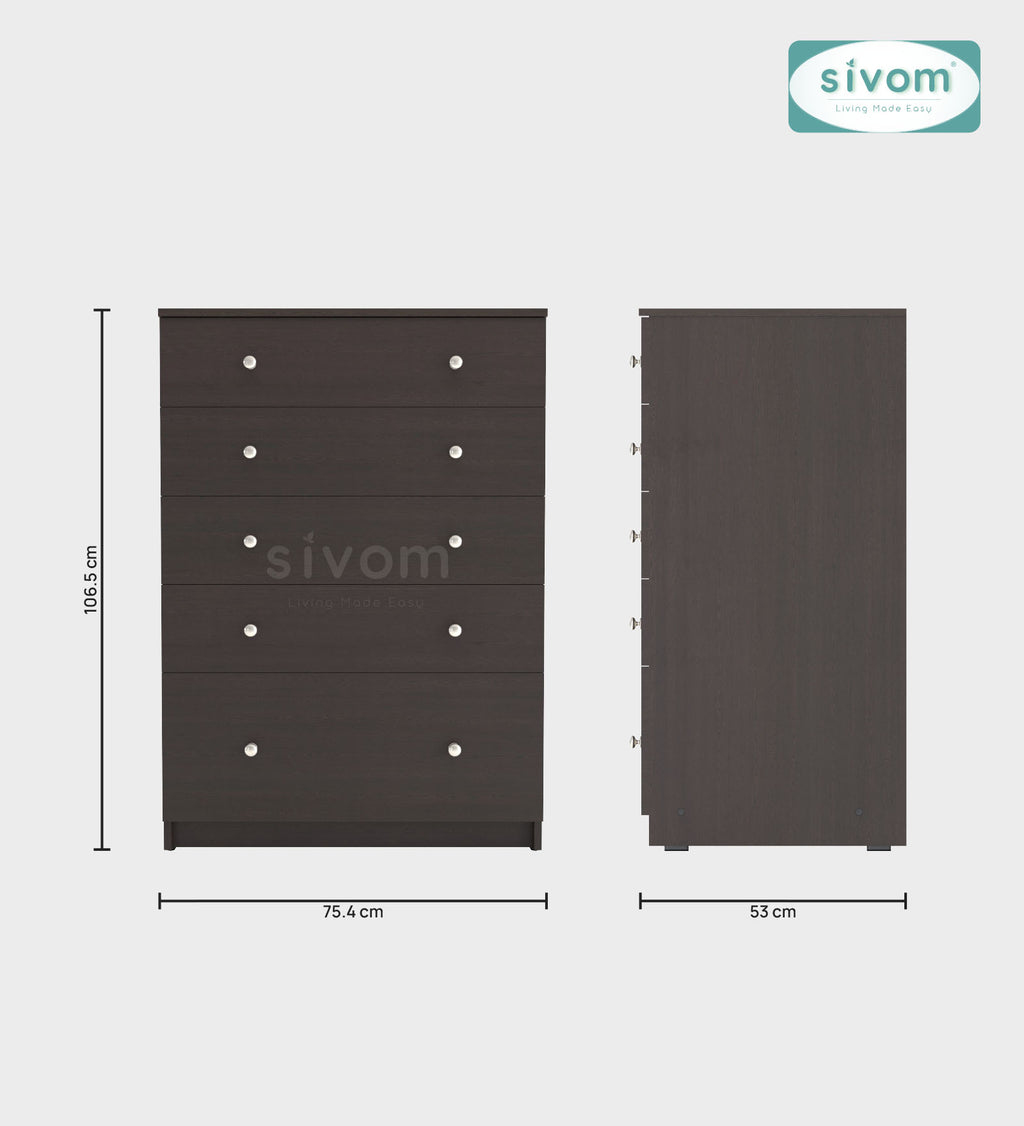 Sivom SIVOM Magic Multipurpose Storage Unit/Chest of 5 Drawers Engineered Wood Free Standing Cabinet for Modern Homes | Elegant Design & Premium Finish