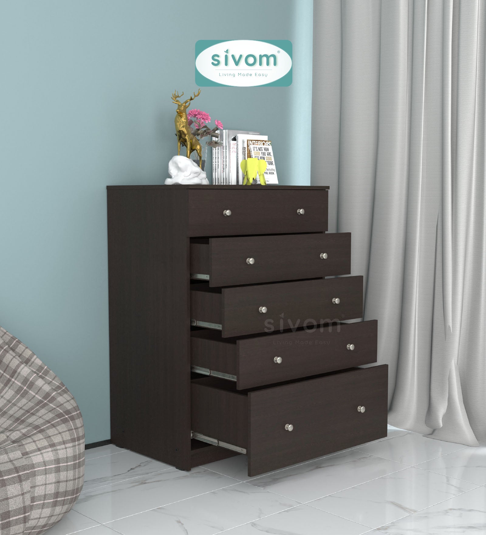 Sivom SIVOM Magic Multipurpose Storage Unit/Chest of 5 Drawers Engineered Wood Free Standing Cabinet for Modern Homes | Elegant Design & Premium Finish