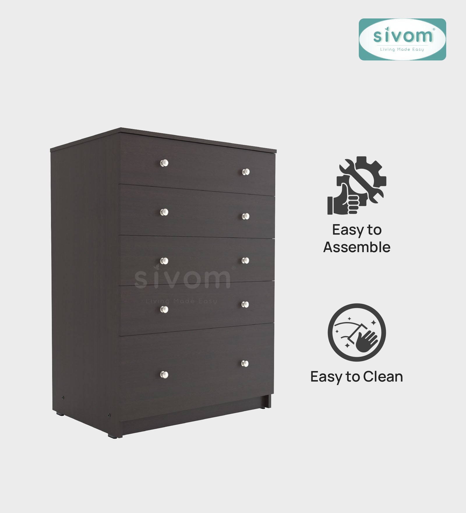 Sivom SIVOM Magic Multipurpose Storage Unit/Chest of 5 Drawers Engineered Wood Free Standing Cabinet for Modern Homes | Elegant Design & Premium Finish