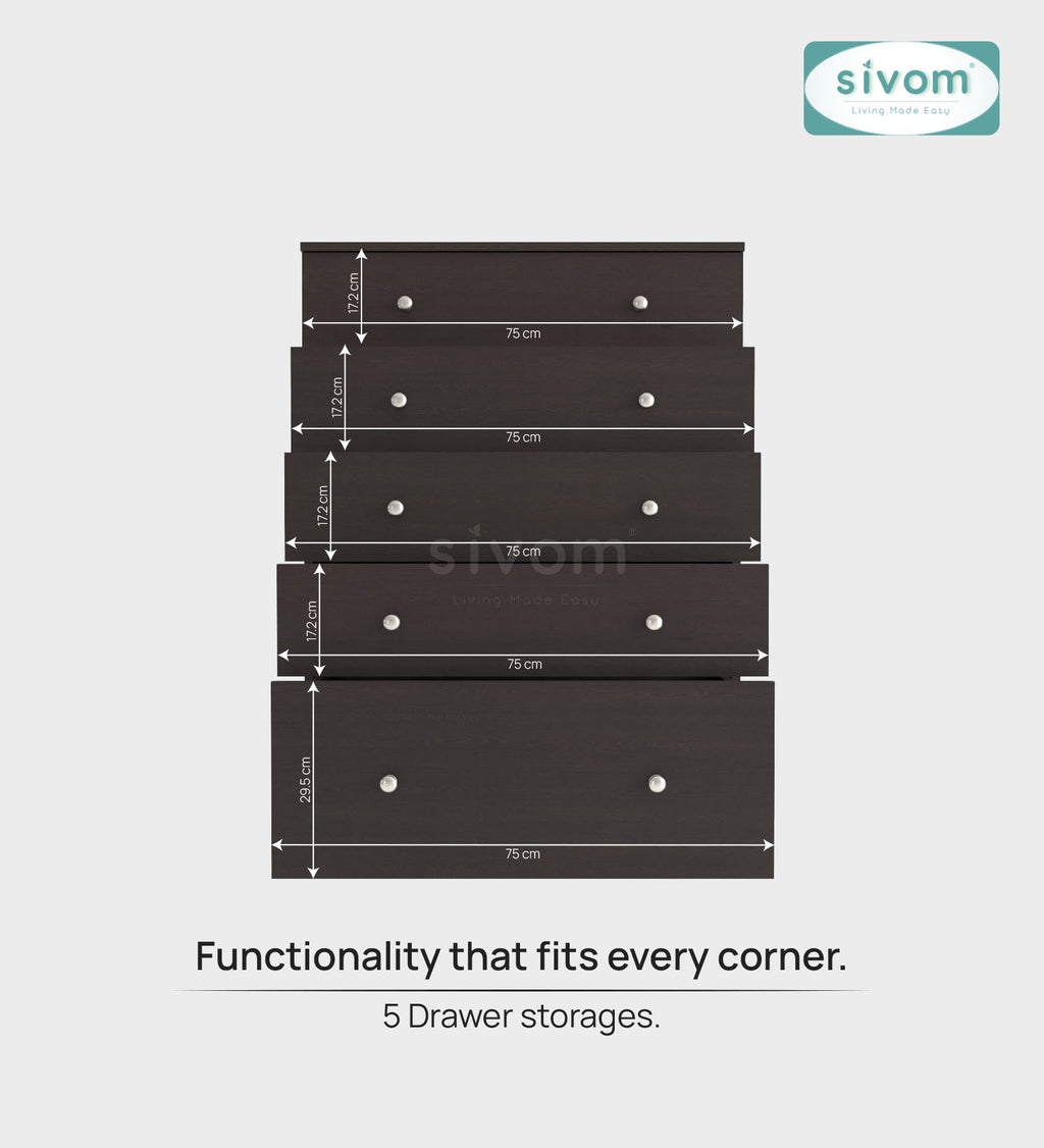 Sivom SIVOM Magic Multipurpose Storage Unit/Chest of 5 Drawers Engineered Wood Free Standing Cabinet for Modern Homes | Elegant Design & Premium Finish