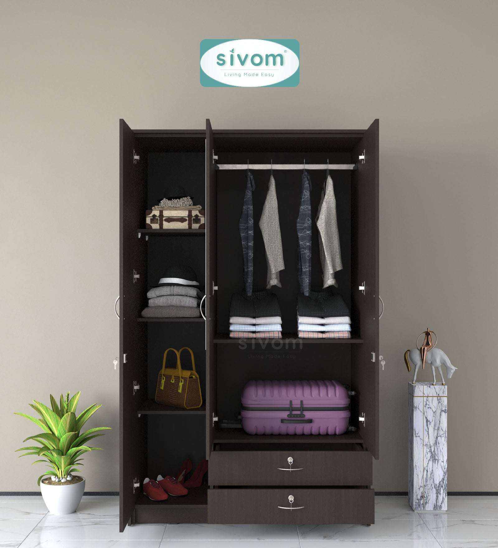 Sivom SIVOM Maple Multipurpose 3 Door Wardrobe / Spacious Shelves with Hanging Rail Engineered Wood 3 Door Wardrobe for Modern Homes | Elegant Design & Premium Finish