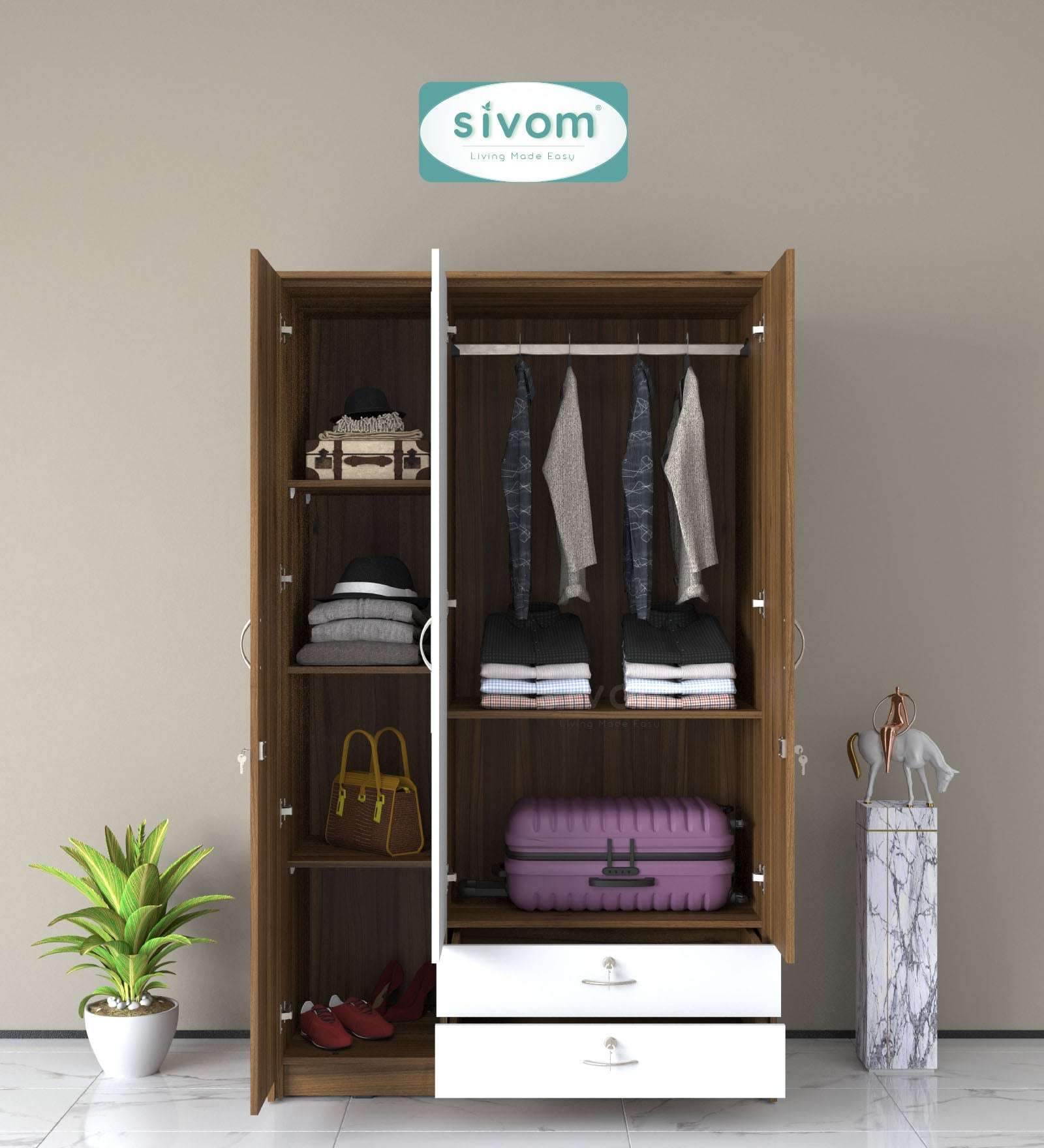 Sivom SIVOM Maple Multipurpose 3 Door Wardrobe / Spacious Shelves with Hanging Rail Engineered Wood 3 Door Wardrobe for Modern Homes | Elegant Design & Premium Finish