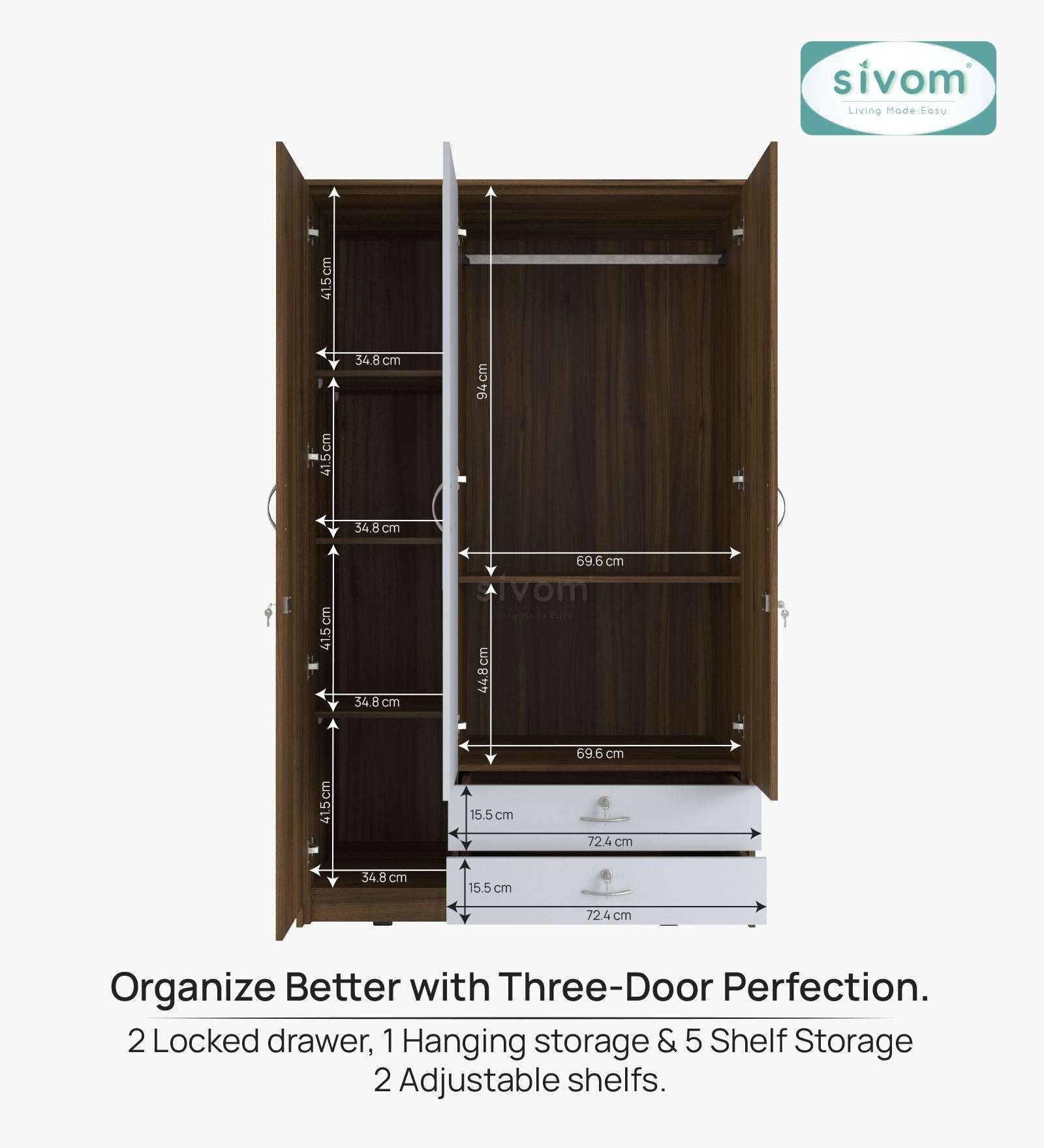 Sivom SIVOM Maple Multipurpose 3 Door Wardrobe / Spacious Shelves with Hanging Rail Engineered Wood 3 Door Wardrobe for Modern Homes | Elegant Design & Premium Finish