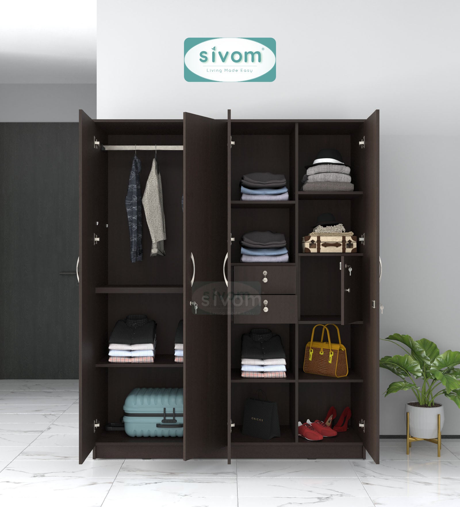 Sivom SIVOM Mezza Multipurpose 4 Door Closet Engineered Wood 4 Door Wardrobe for Modern Homes | Elegant Design & Premium Finish