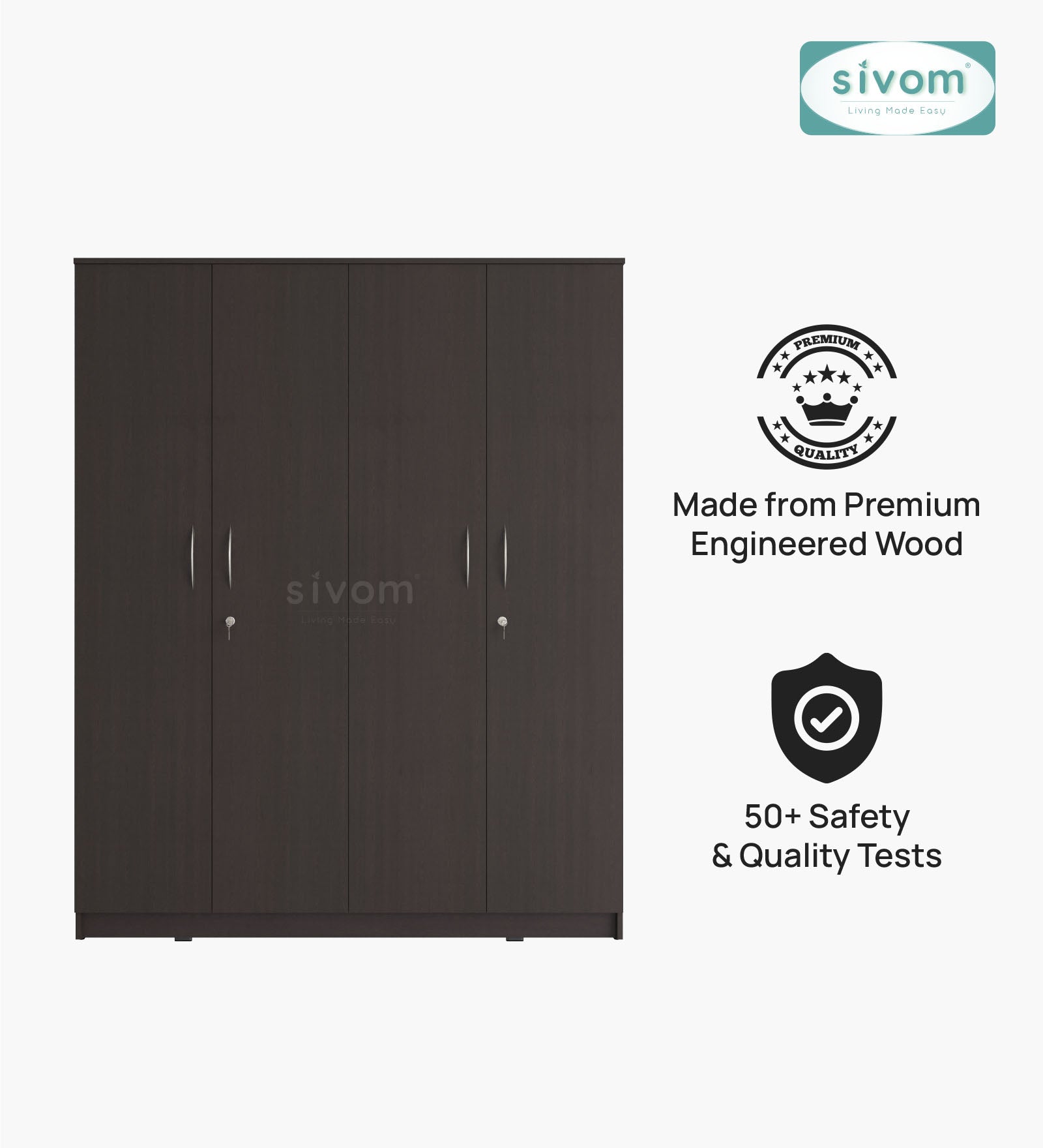 Sivom SIVOM Mezza Multipurpose 4 Door Closet Engineered Wood 4 Door Wardrobe for Modern Homes | Elegant Design & Premium Finish