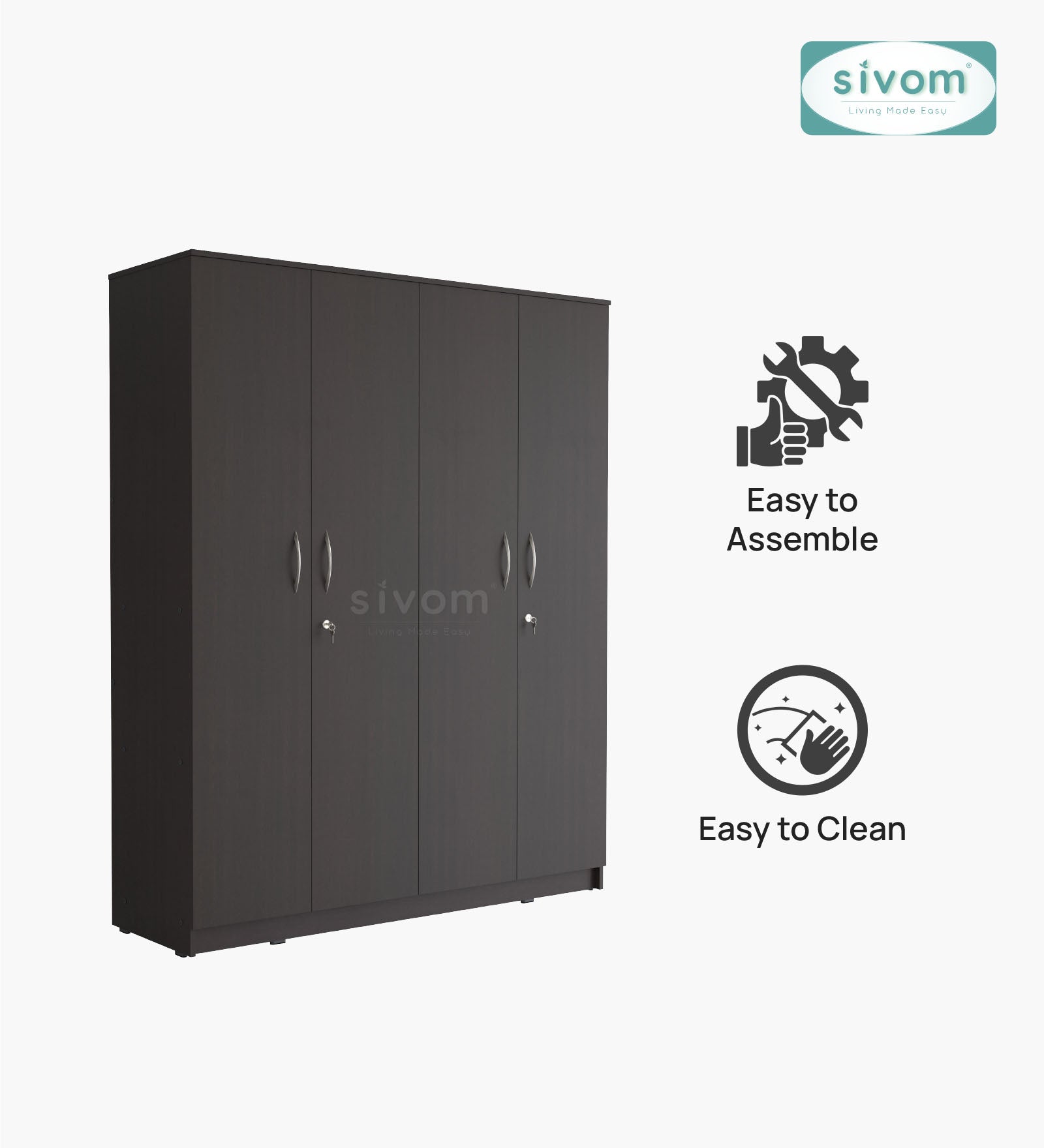 Sivom SIVOM Mezza Multipurpose 4 Door Closet Engineered Wood 4 Door Wardrobe for Modern Homes | Elegant Design & Premium Finish