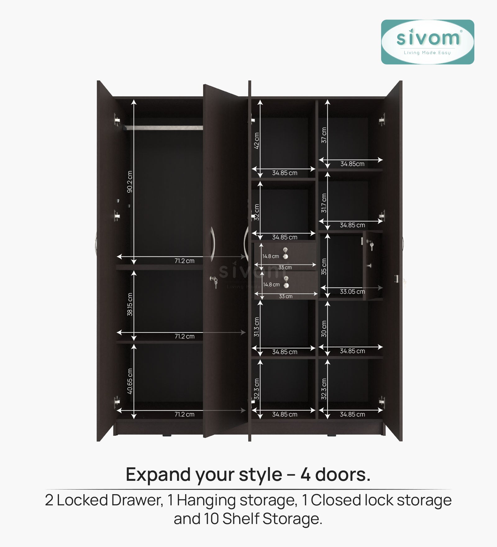 Sivom SIVOM Mezza Multipurpose 4 Door Closet Engineered Wood 4 Door Wardrobe for Modern Homes | Elegant Design & Premium Finish