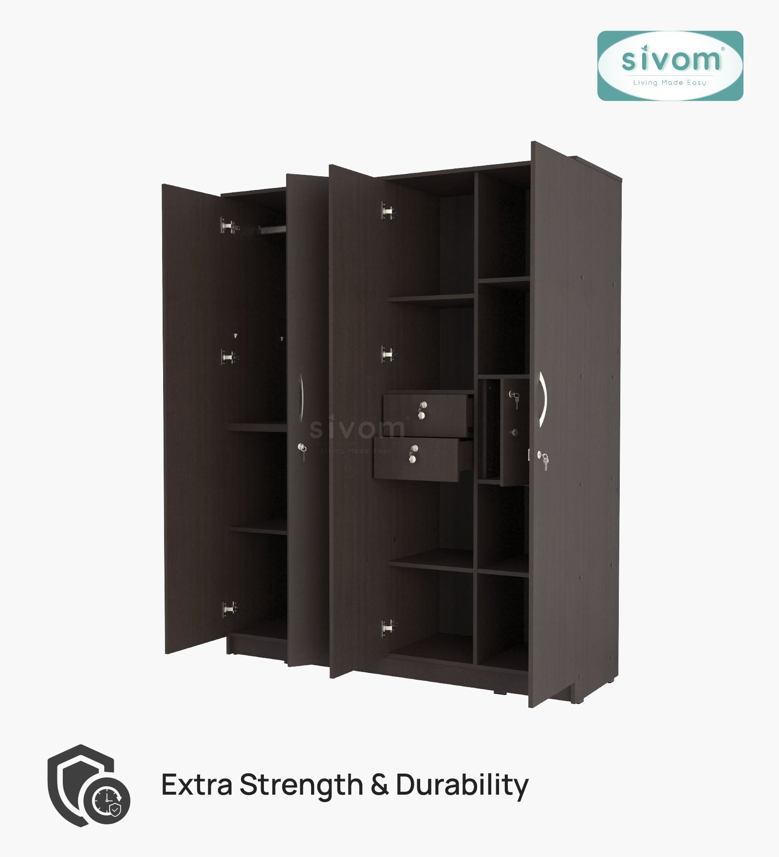 Sivom SIVOM Mezza Multipurpose 4 Door Closet Engineered Wood 4 Door Wardrobe for Modern Homes | Elegant Design & Premium Finish