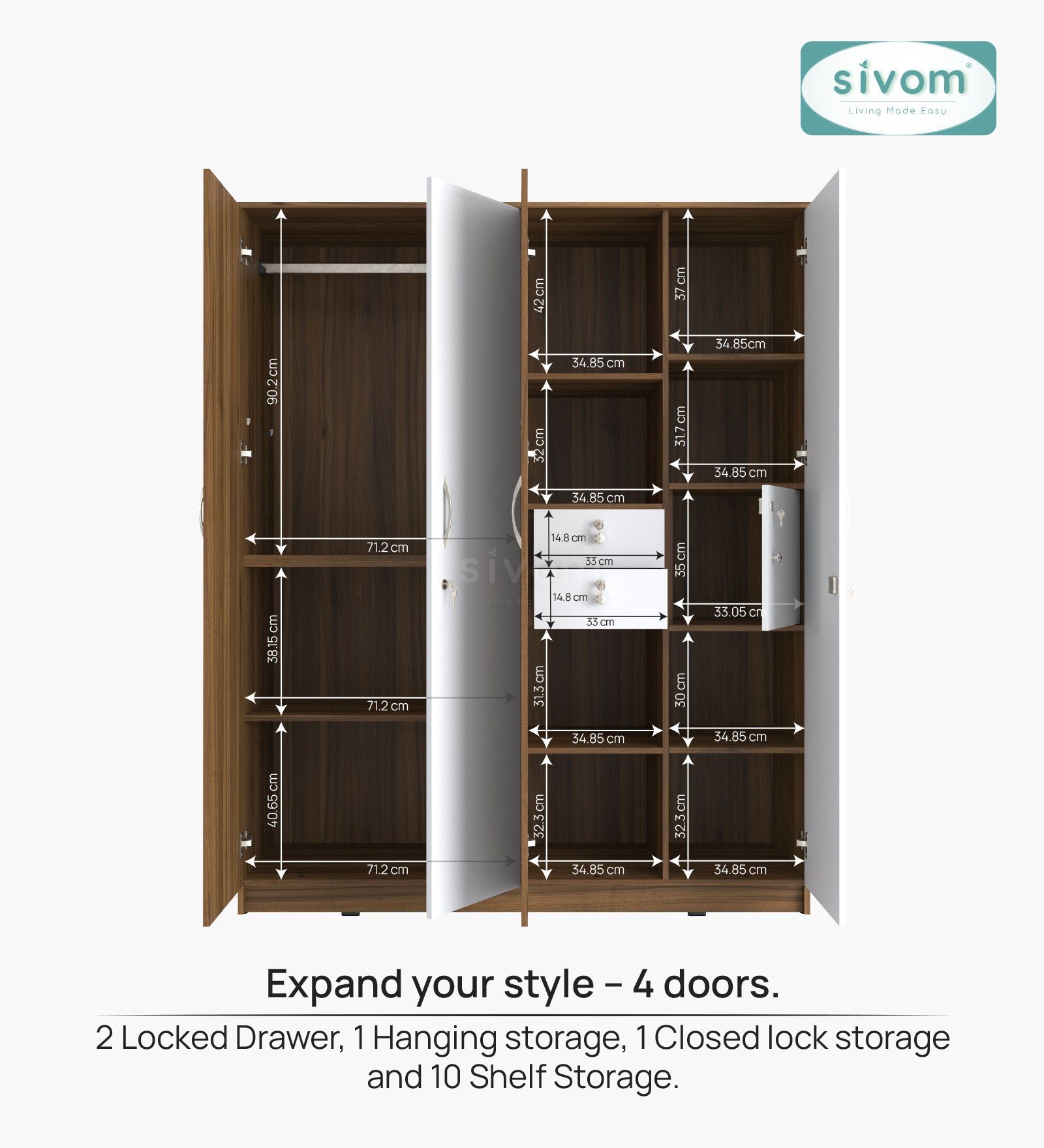 Sivom SIVOM Mezza Multipurpose 4 Door Closet Engineered Wood 4 Door Wardrobe for Modern Homes | Elegant Design & Premium Finish