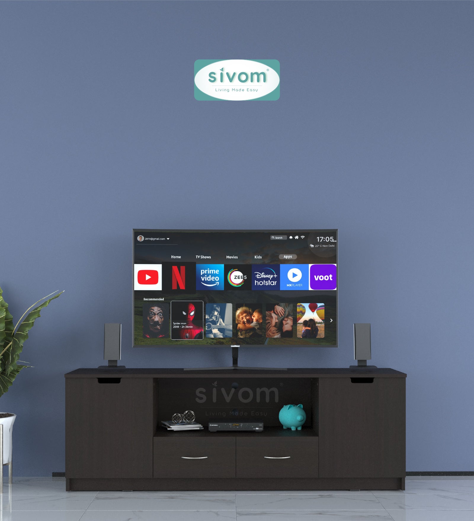 Sivom SIVOM Morgan Multipurpose TV Unit fits upto 43 inch with Storage Engineered Wood TV Entertainment Unit for Modern Homes | Elegant Design & Premium Finish