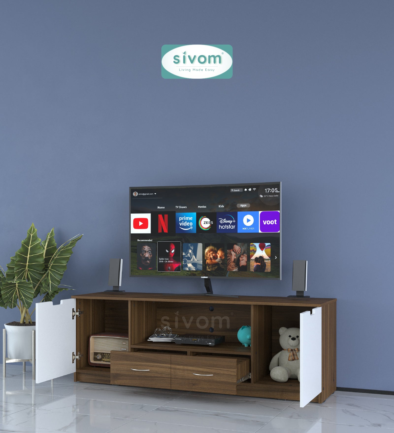 Sivom SIVOM Morgan Multipurpose TV Unit fits upto 43 inch with Storage Engineered Wood TV Entertainment Unit for Modern Homes | Elegant Design & Premium Finish