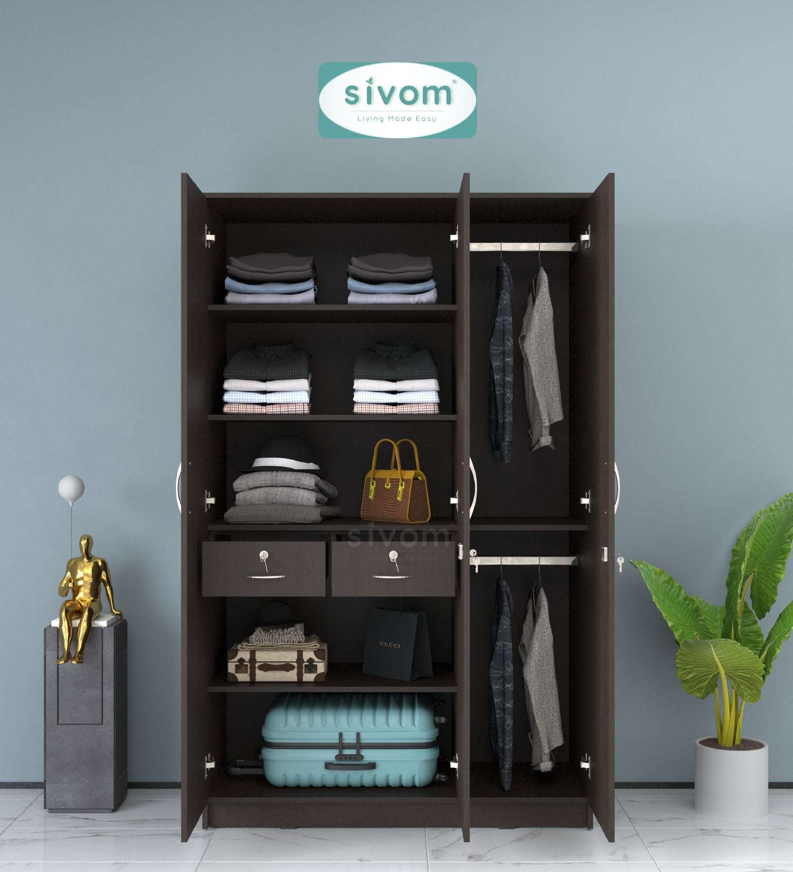 Sivom SIVOM Oliver Multipurpose 3 Door Wardrobe / Spacious Shelves with Hanging Rail Engineered Wood 3 Door Wardrobe for Modern Homes | Elegant Design & Premium Finish