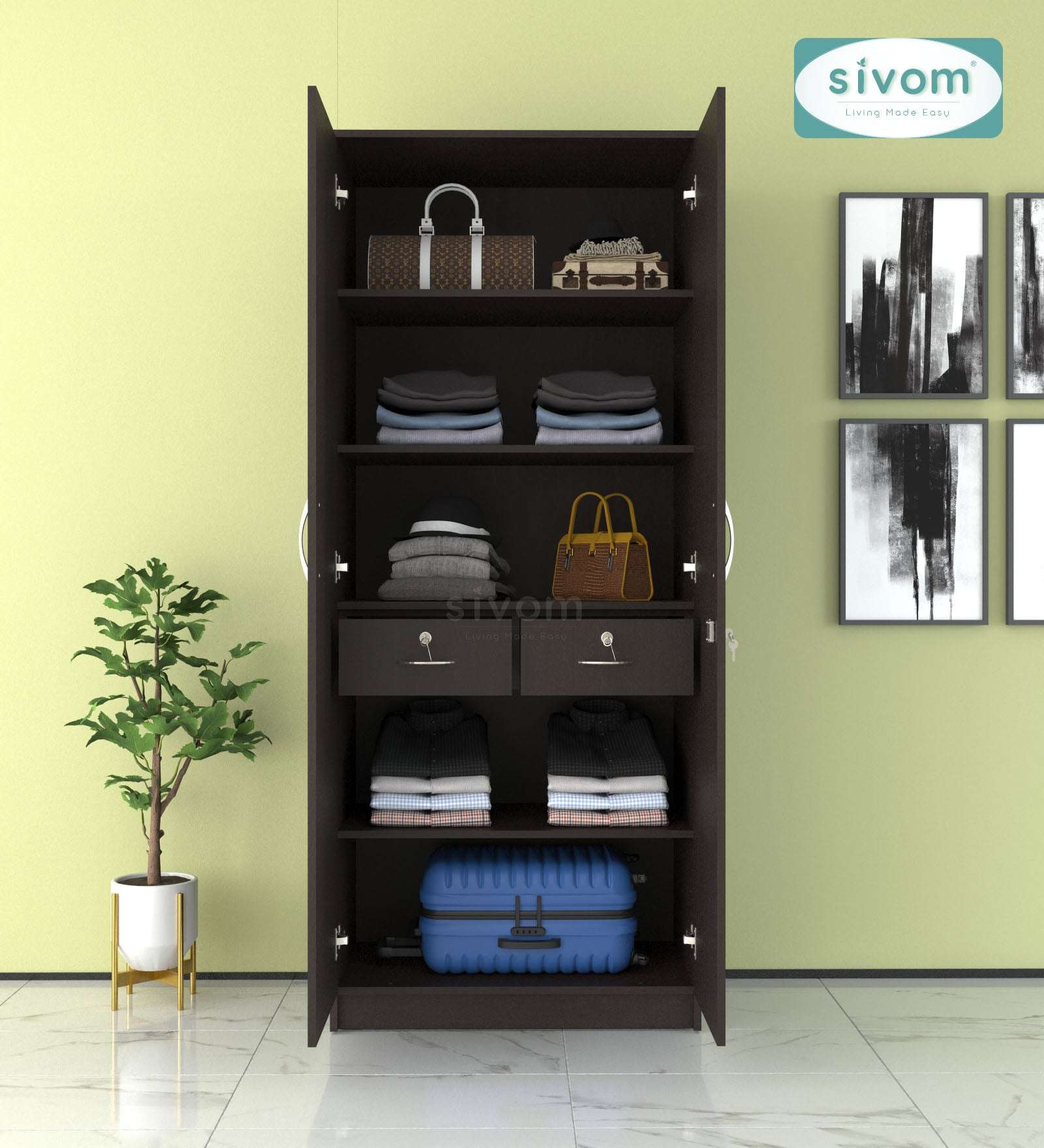 Sivom SIVOM Oliver Multipurpose 2 Door Wardrobe Engineered Wood 2 Door Wardrobe for Modern Homes | Elegant Design & Premium Finish