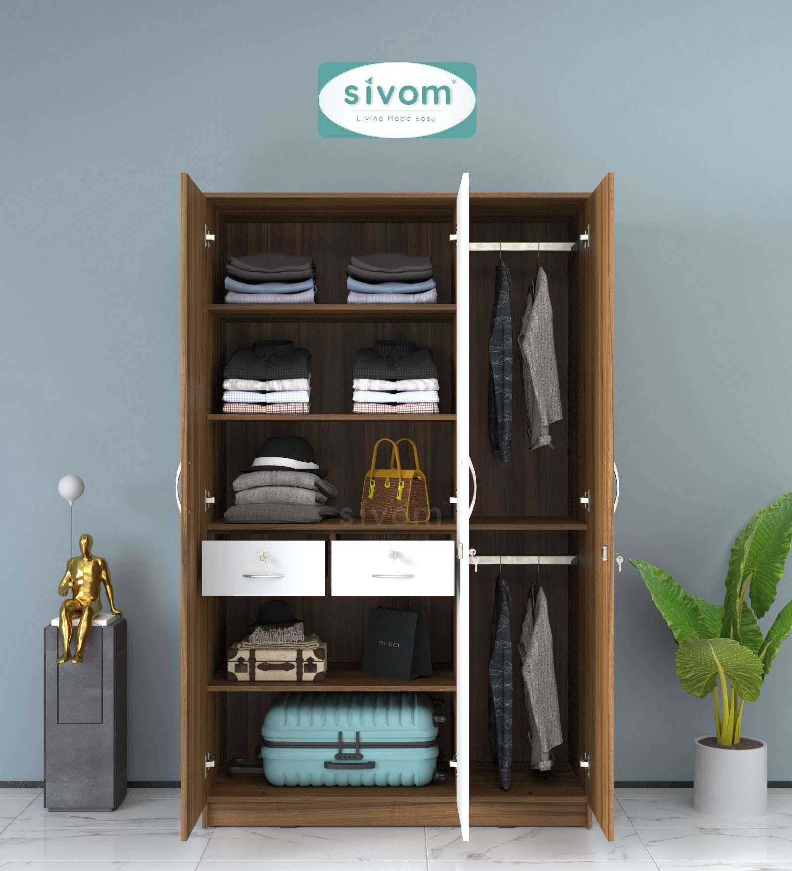 Sivom SIVOM Oliver Multipurpose 3 Door Wardrobe / Spacious Shelves with Hanging Rail Engineered Wood 3 Door Wardrobe for Modern Homes | Elegant Design & Premium Finish