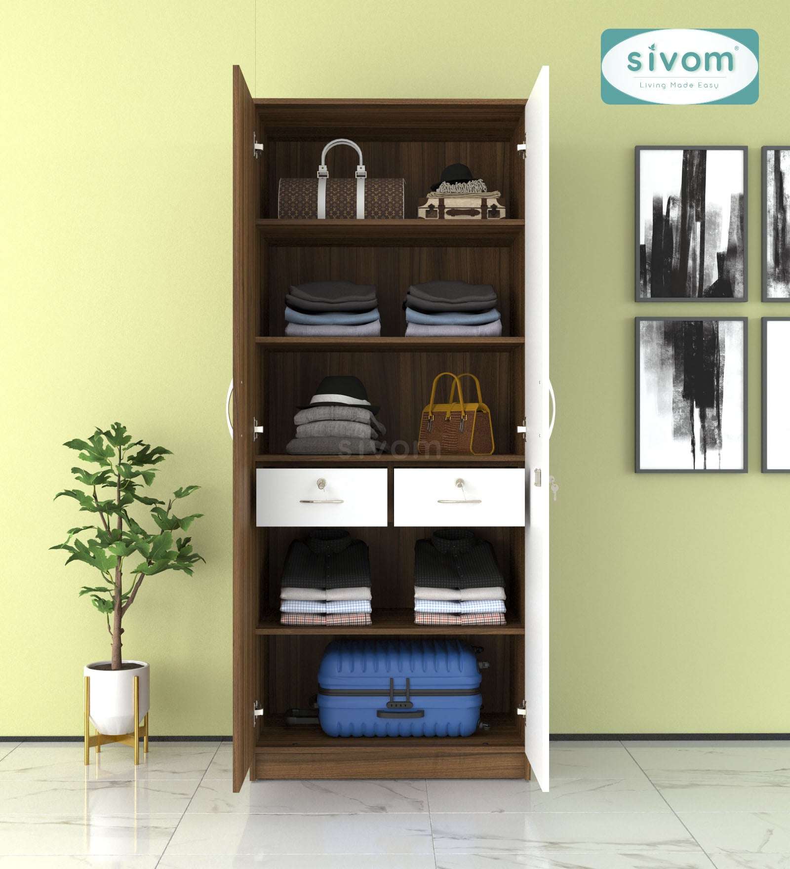 Sivom SIVOM Oliver Multipurpose 2 Door Wardrobe Engineered Wood 2 Door Wardrobe for Modern Homes | Elegant Design & Premium Finish