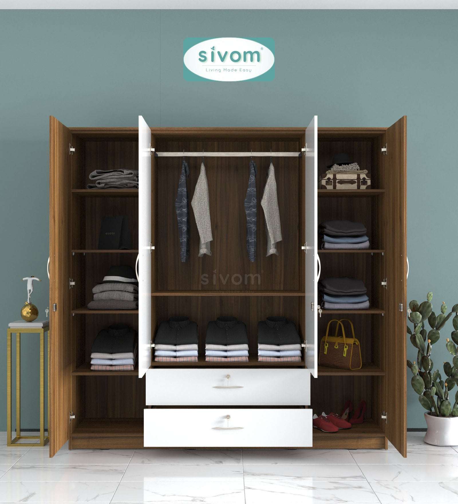 Sivom furniture SIVOM Oliver Multipurpose 4 Door Closet Engineered Wood 4 Door Wardrobe for Modern Homes | Elegant Design & Premium Finish
