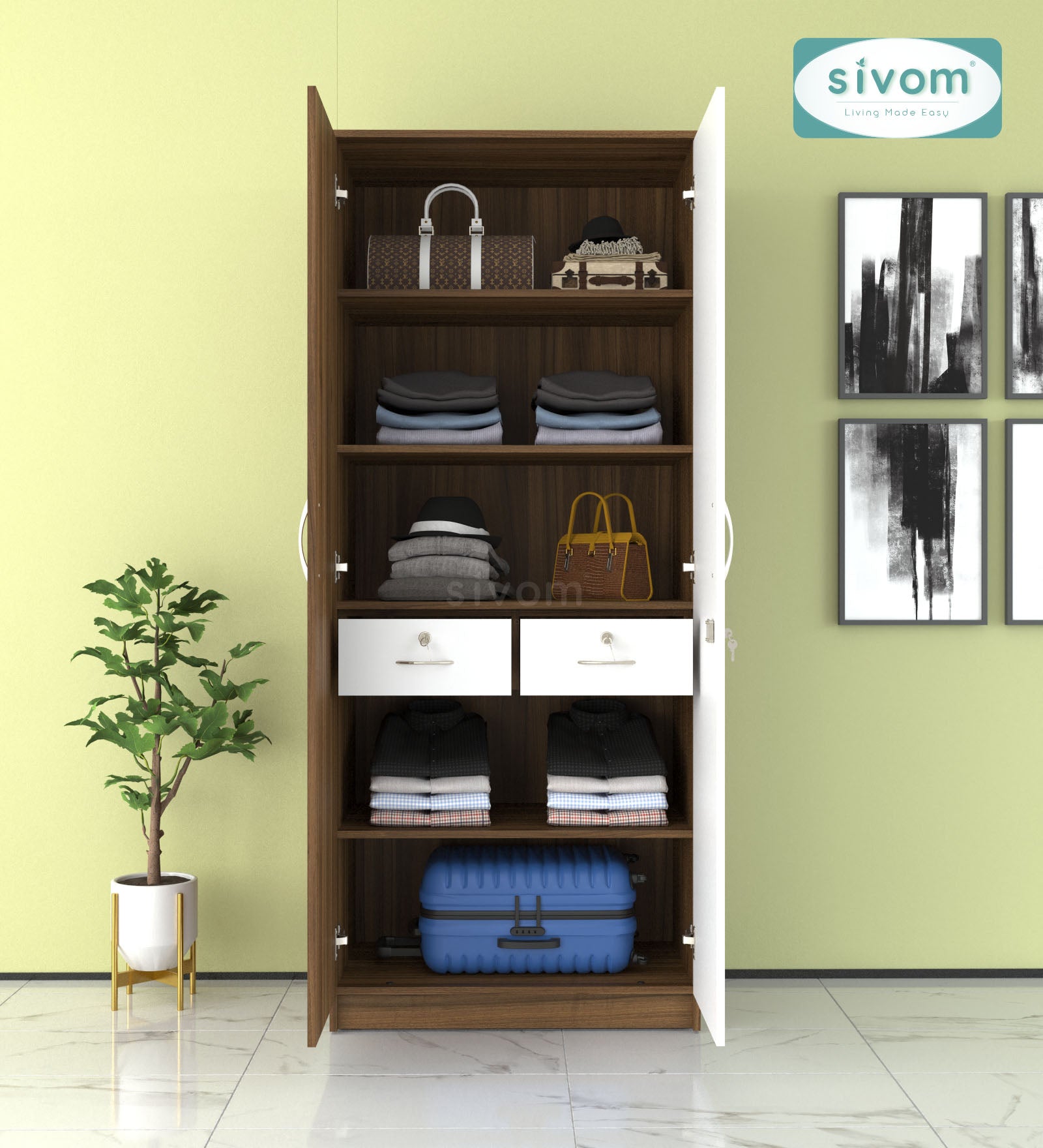 Sivom SIVOM Oliver Multipurpose 2 Door Wardrobe Engineered Wood 2 Door Wardrobe for Modern Homes | Elegant Design & Premium Finish