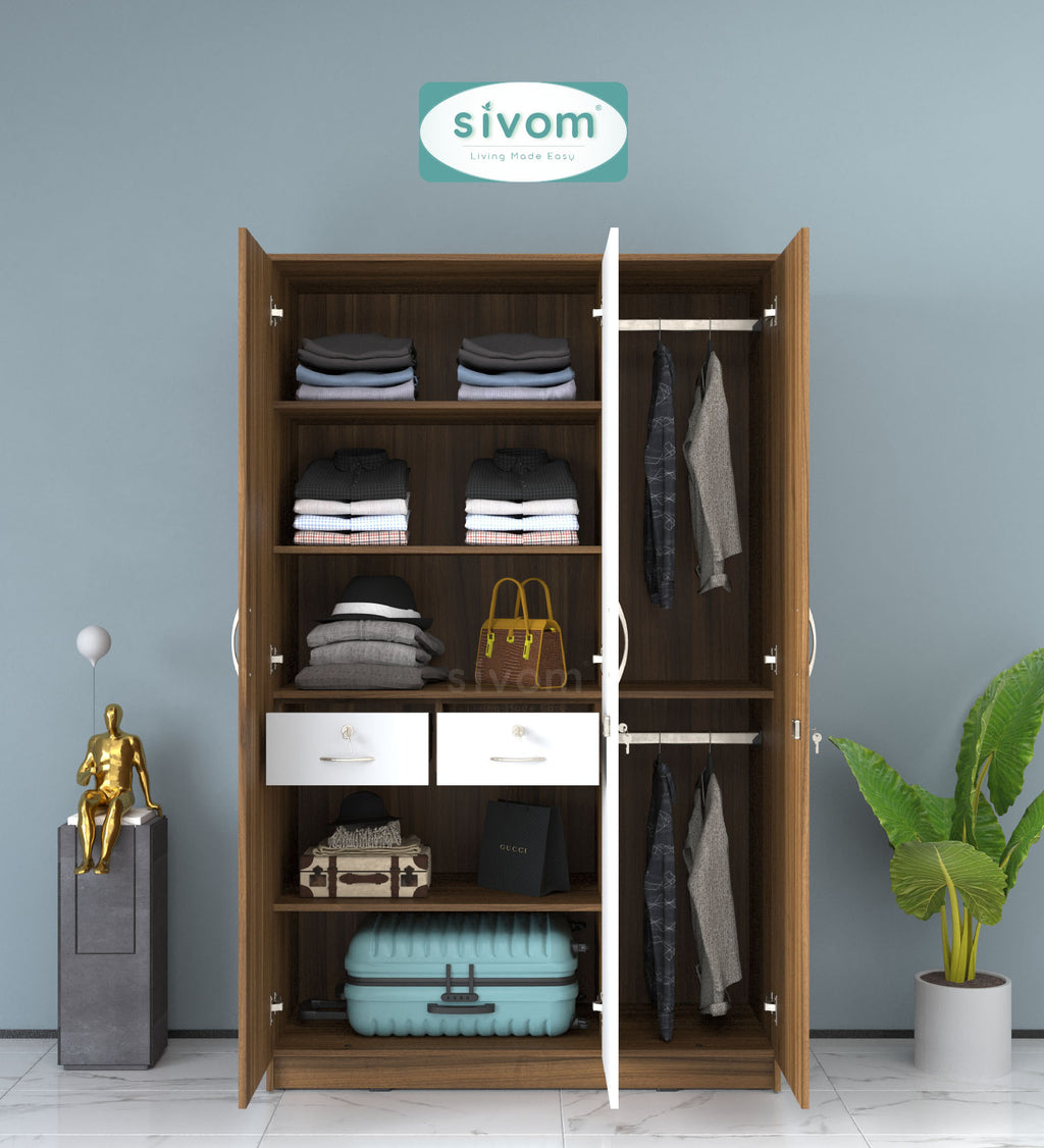 Sivom SIVOM Oliver Multipurpose 3 Door Wardrobe / Spacious Shelves with Hanging Rail Engineered Wood 3 Door Wardrobe for Modern Homes | Elegant Design & Premium Finish
