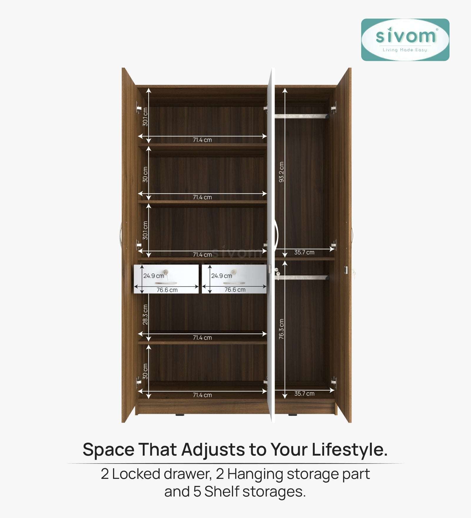 Sivom SIVOM Oliver Multipurpose 3 Door Wardrobe / Spacious Shelves with Hanging Rail Engineered Wood 3 Door Wardrobe for Modern Homes | Elegant Design & Premium Finish
