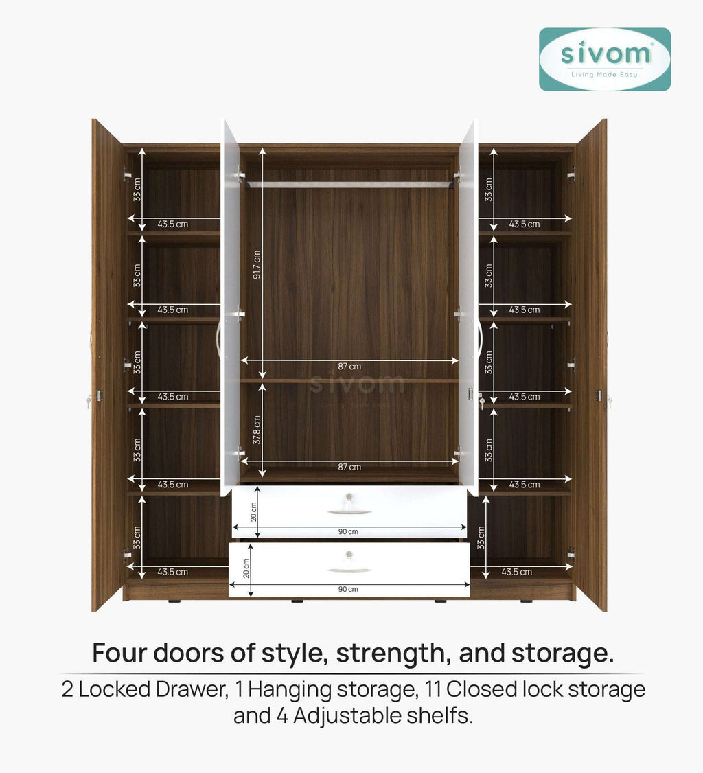 Sivom furniture SIVOM Oliver Multipurpose 4 Door Closet Engineered Wood 4 Door Wardrobe for Modern Homes | Elegant Design & Premium Finish