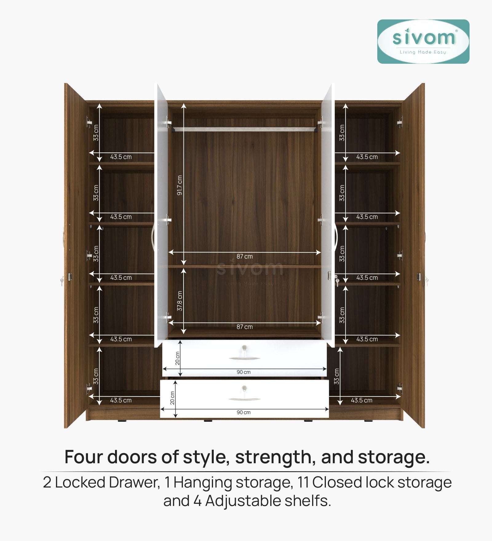 Sivom furniture SIVOM Oliver Multipurpose 4 Door Closet Engineered Wood 4 Door Wardrobe for Modern Homes | Elegant Design & Premium Finish