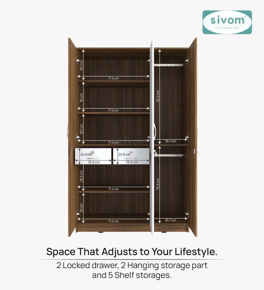 Sivom SIVOM Oliver Multipurpose 3 Door Wardrobe / Spacious Shelves with Hanging Rail Engineered Wood 3 Door Wardrobe for Modern Homes | Elegant Design & Premium Finish