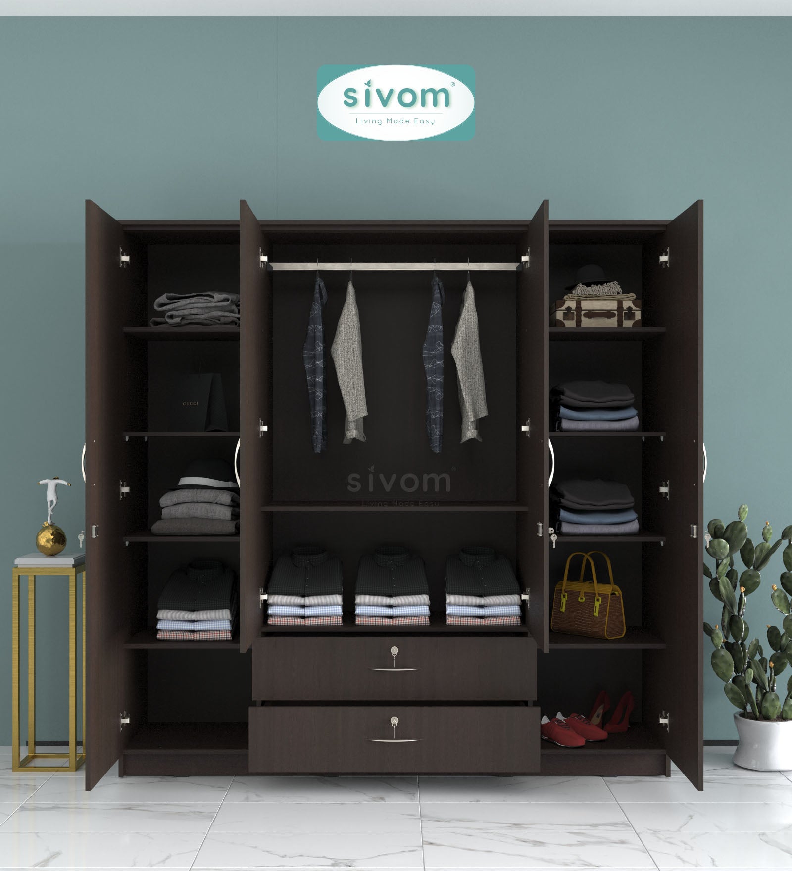 Sivom furniture SIVOM Oliver Multipurpose 4 Door Closet Engineered Wood 4 Door Wardrobe for Modern Homes | Elegant Design & Premium Finish