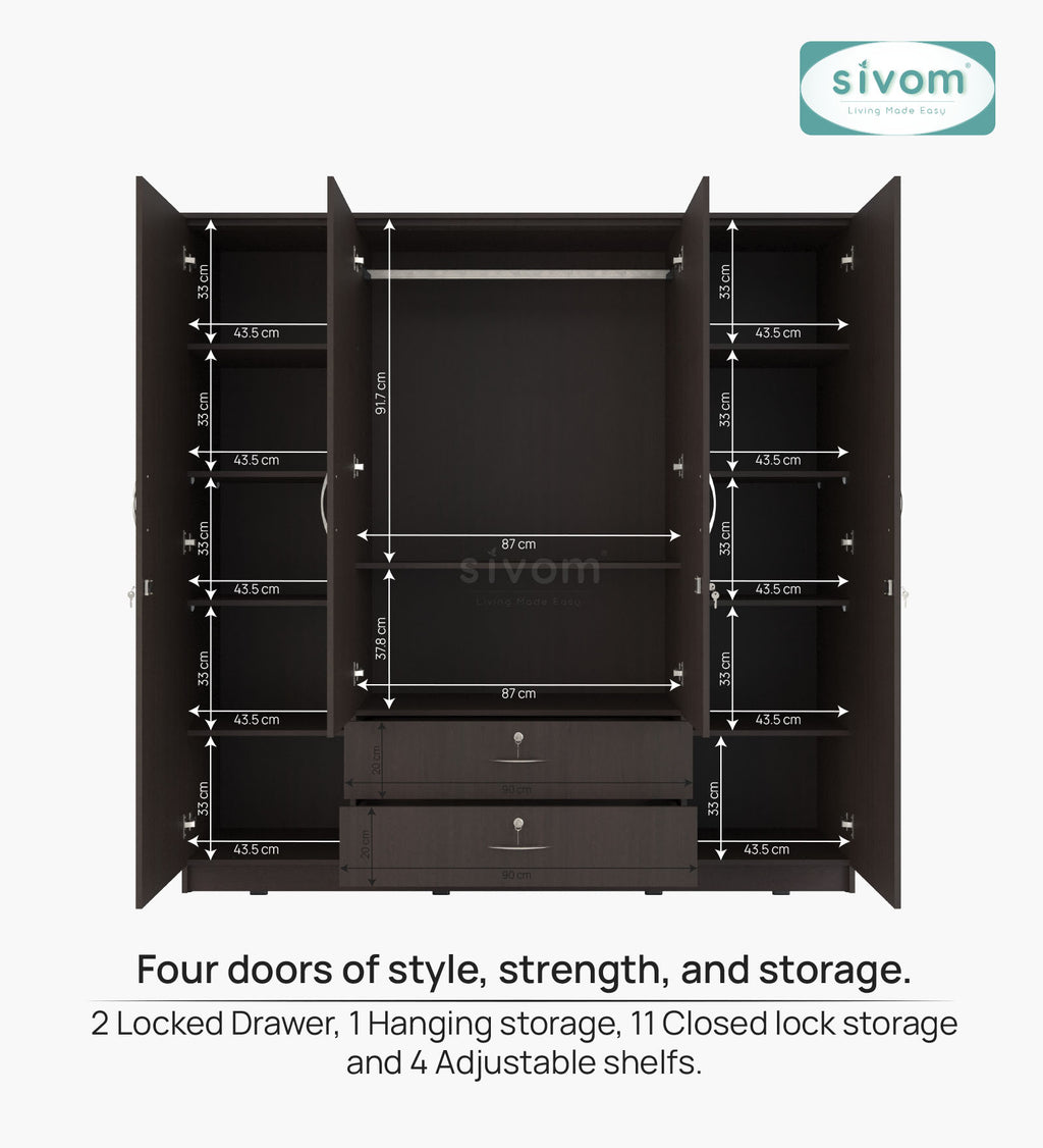 Sivom furniture SIVOM Oliver Multipurpose 4 Door Closet Engineered Wood 4 Door Wardrobe for Modern Homes | Elegant Design & Premium Finish