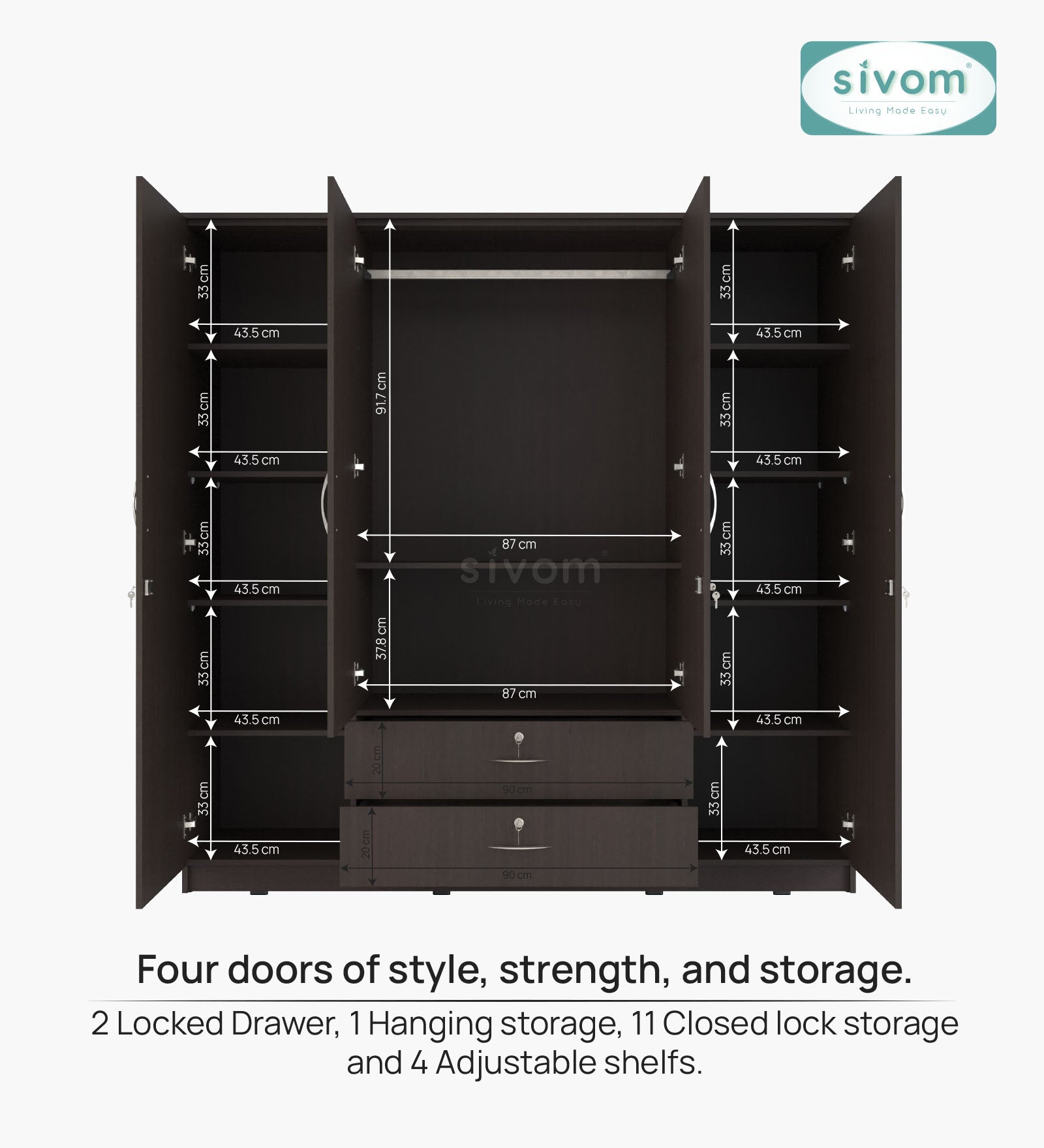 Sivom furniture SIVOM Oliver Multipurpose 4 Door Closet Engineered Wood 4 Door Wardrobe for Modern Homes | Elegant Design & Premium Finish