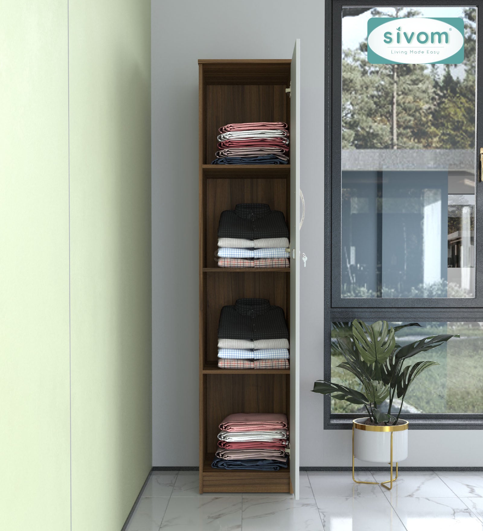 Sivom SIVOM Oliver Multipurpose 1 Door Wardrobe / Spacious 4 Shelves Engineered Wood 1 Door Wardrobe for Modern Homes | Elegant Design & Premium Finish