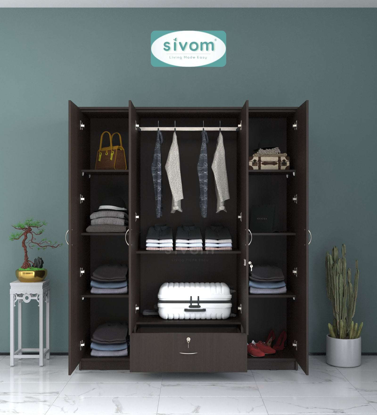 Sivom furniture SIVOM Oranch Multipurpose 4 Door Closet Engineered Wood 4 Door Wardrobe for Modern Homes | Elegant Design & Premium Finish
