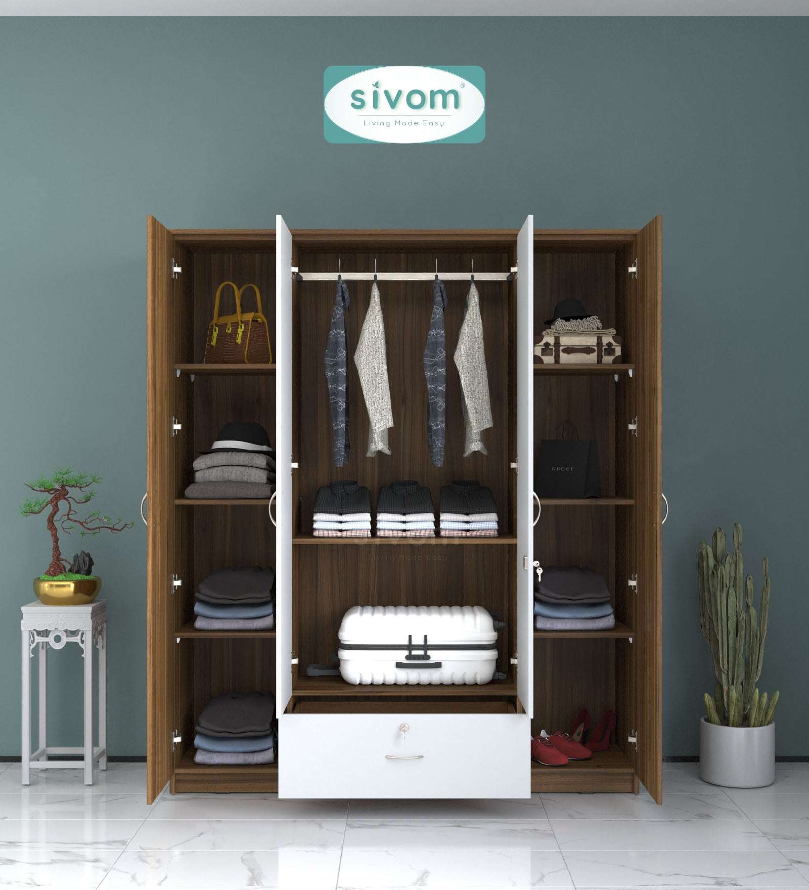 Sivom furniture SIVOM Oranch Multipurpose 4 Door Closet Engineered Wood 4 Door Wardrobe for Modern Homes | Elegant Design & Premium Finish