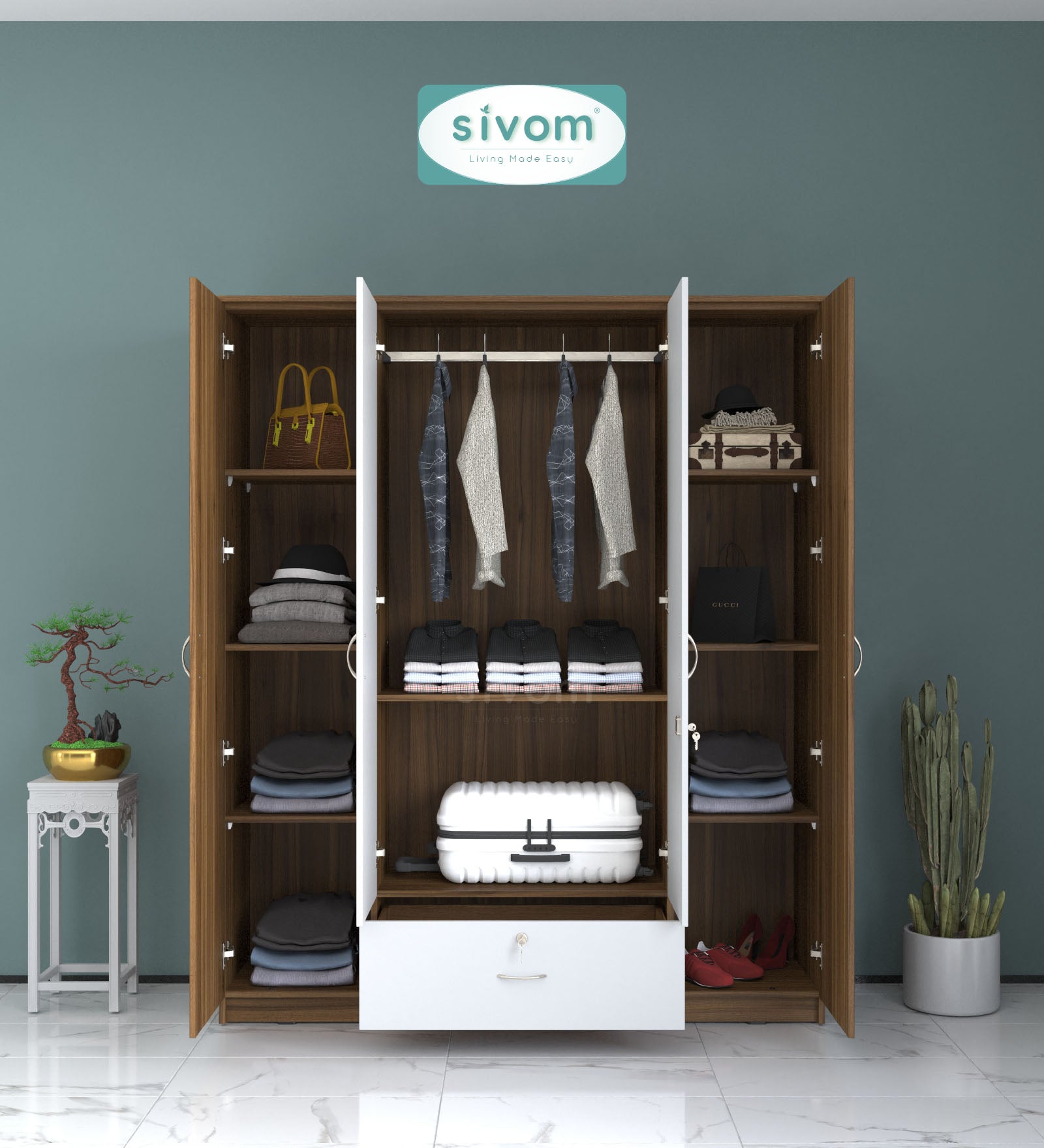 Sivom furniture SIVOM Oranch Multipurpose 4 Door Closet Engineered Wood 4 Door Wardrobe for Modern Homes | Elegant Design & Premium Finish