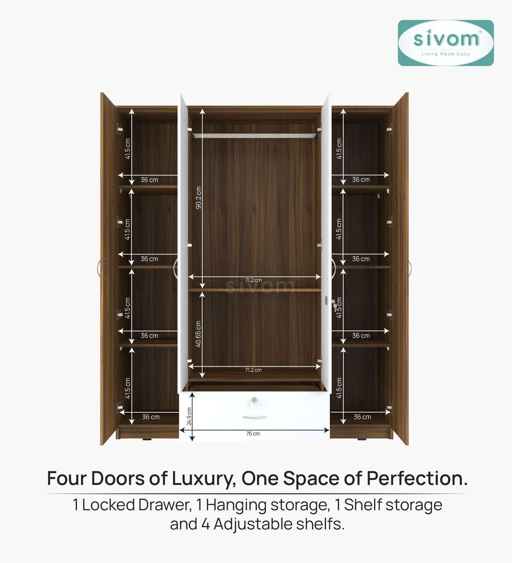 Sivom furniture SIVOM Oranch Multipurpose 4 Door Closet Engineered Wood 4 Door Wardrobe for Modern Homes | Elegant Design & Premium Finish