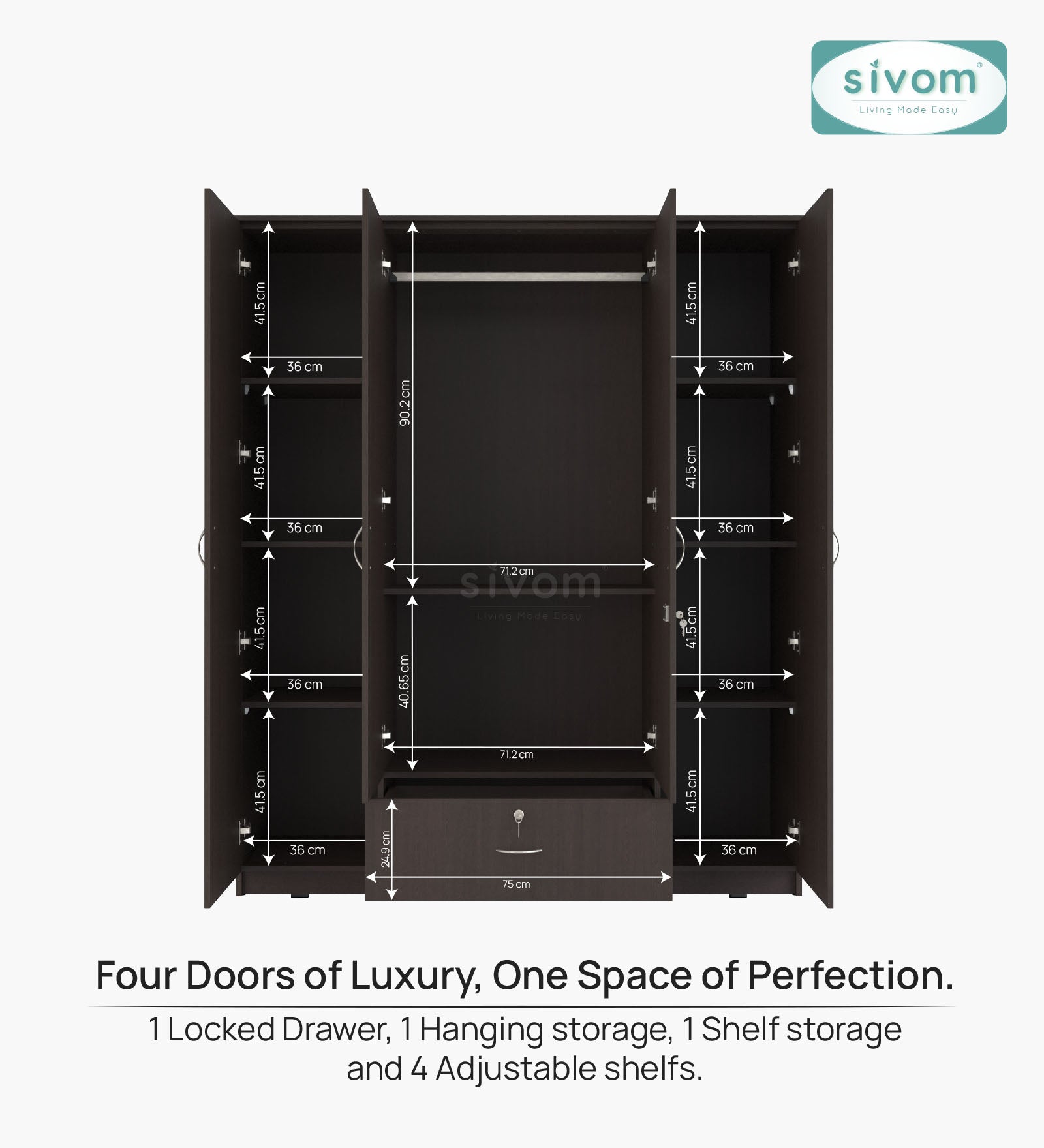 Sivom furniture SIVOM Oranch Multipurpose 4 Door Closet Engineered Wood 4 Door Wardrobe for Modern Homes | Elegant Design & Premium Finish