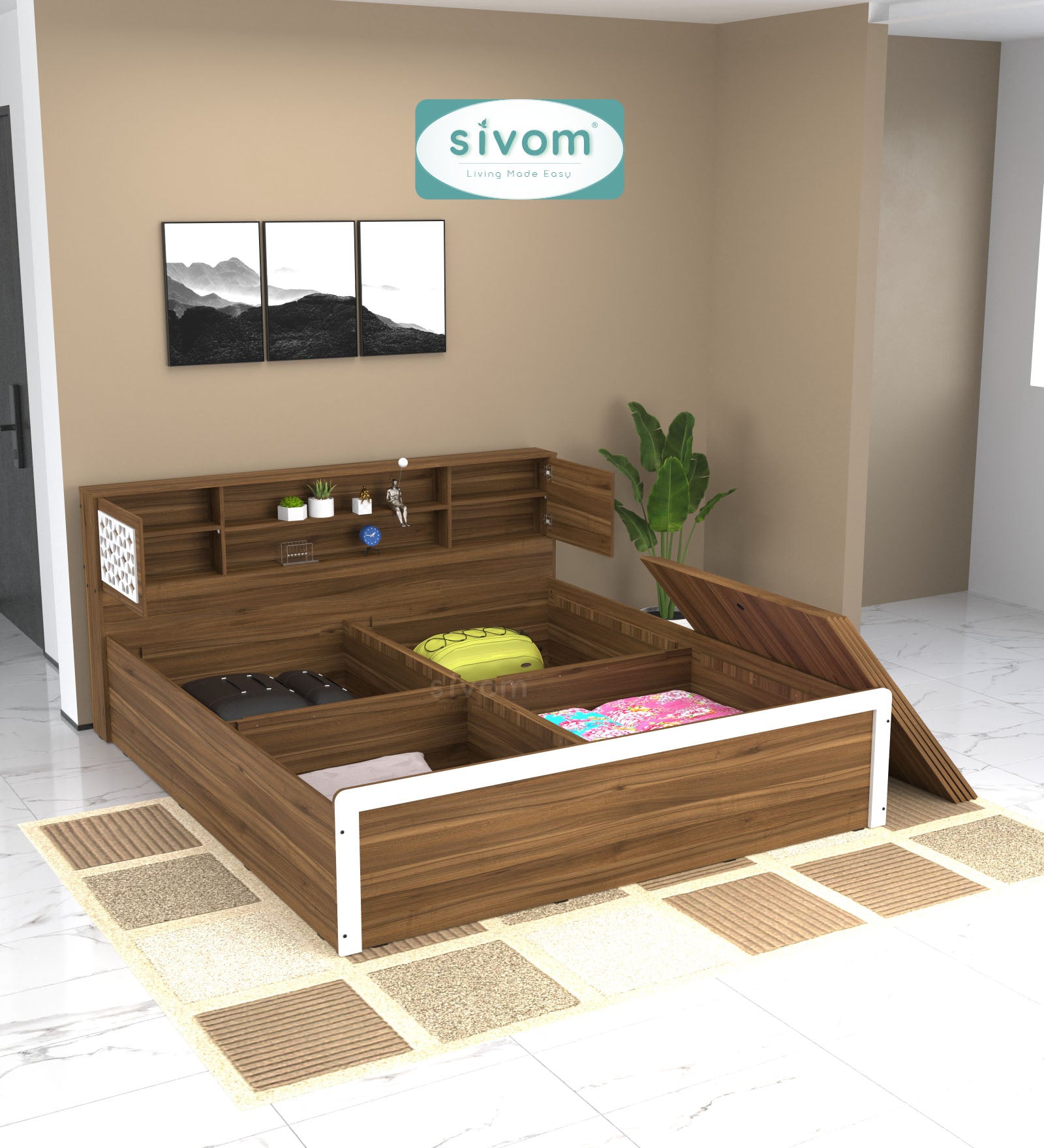 Sivom SIVOM Orient Modular Box Bed with Storage Engineered Wood King Box Bed for Modern Homes | Elegant Design & Premium Finish