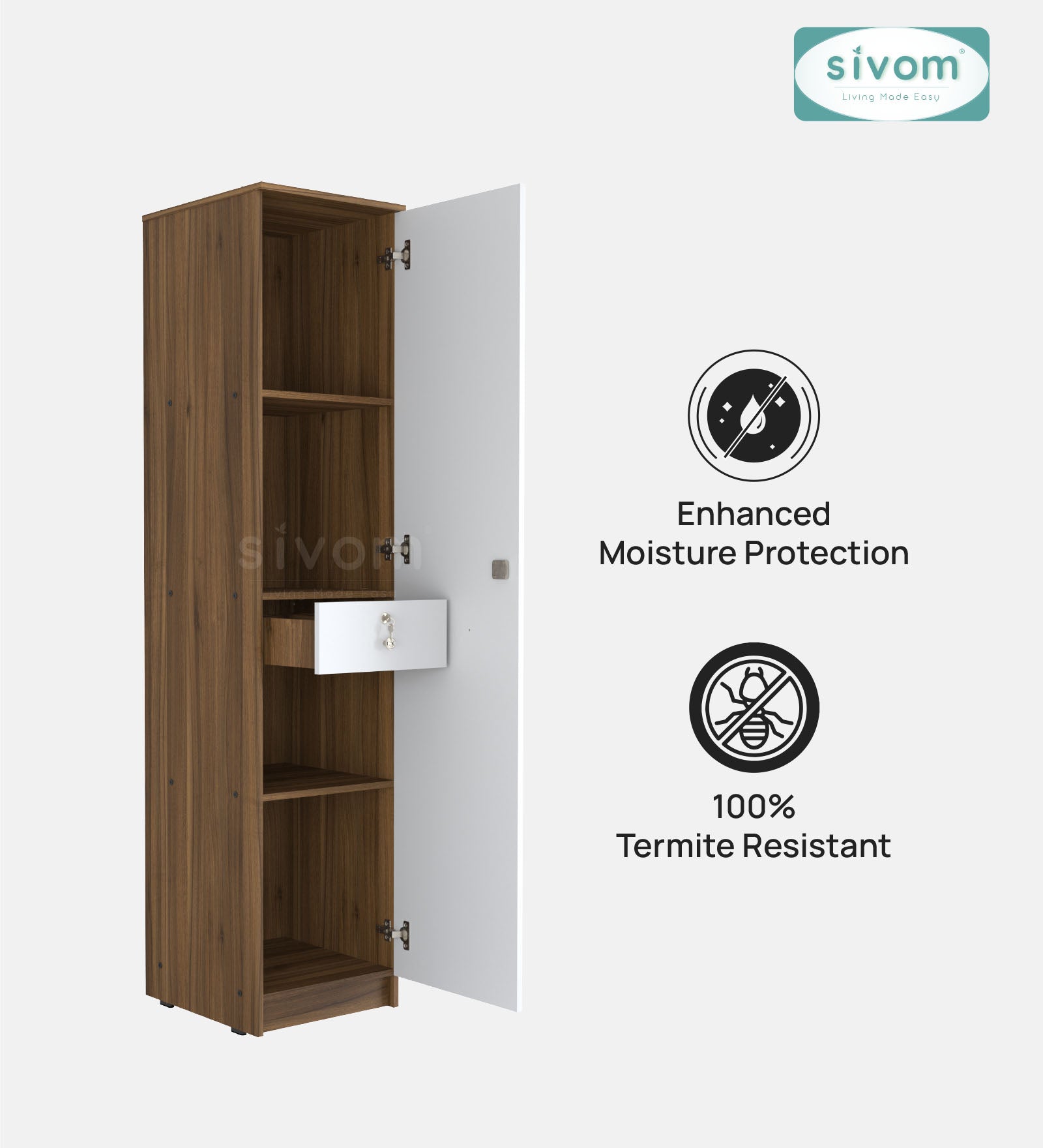 Sivom SIVOM Palette Multipurpose 1 Door Wardrobe / Spacious 4 Shelves with Drawer Engineered Wood 1 Door Wardrobe for Modern Homes | Elegant Design & Premium Finish