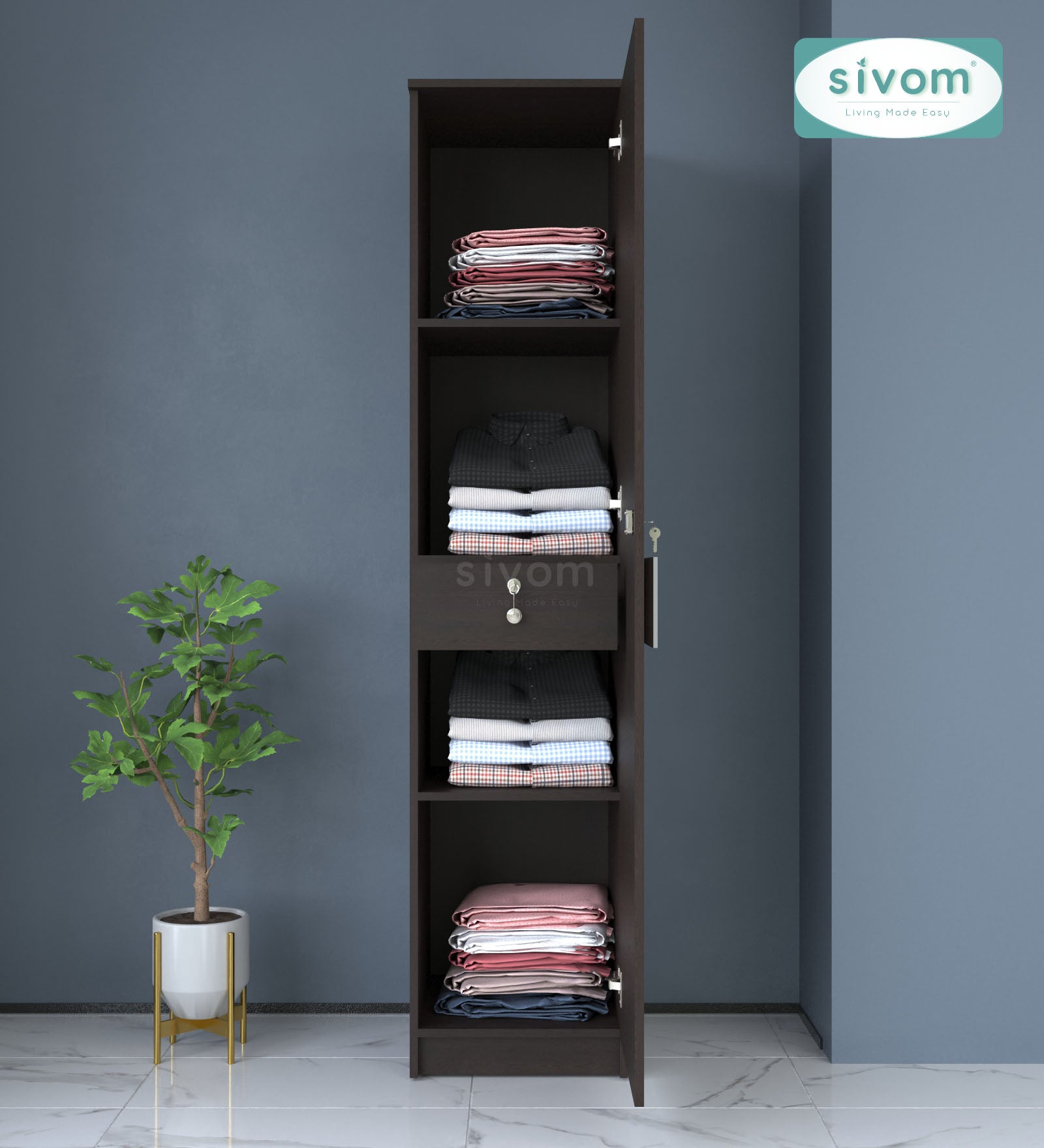 Sivom SIVOM Palette Multipurpose 1 Door Wardrobe / Spacious 4 Shelves with Drawer Engineered Wood 1 Door Wardrobe for Modern Homes | Elegant Design & Premium Finish