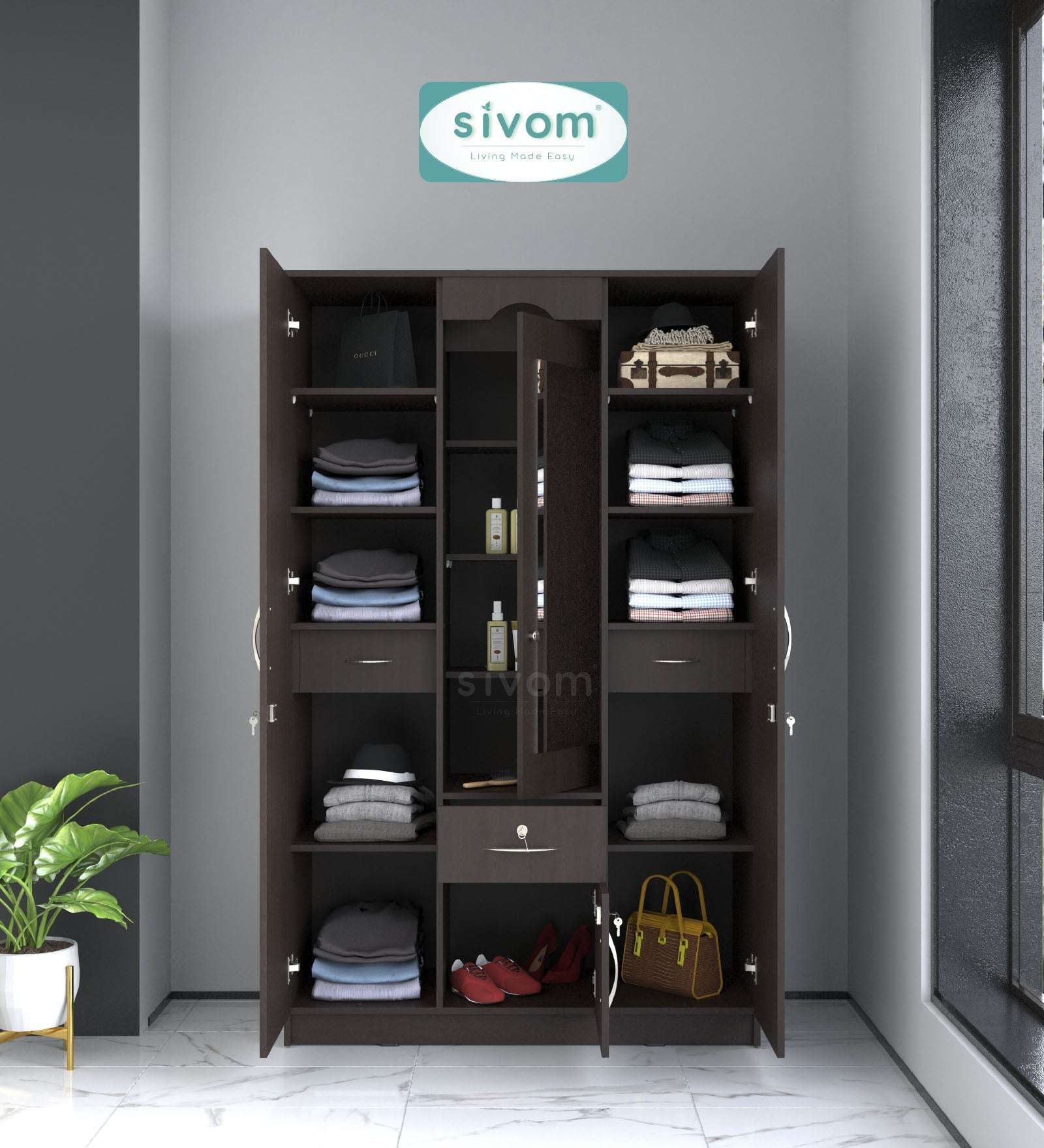Sivom SIVOM Redim Multipurpose 3 Door Wardrobe / Spacious Shelves with Hanging Rail Engineered Wood 3 Door Wardrobe for Modern Homes | Elegant Design & Premium Finish